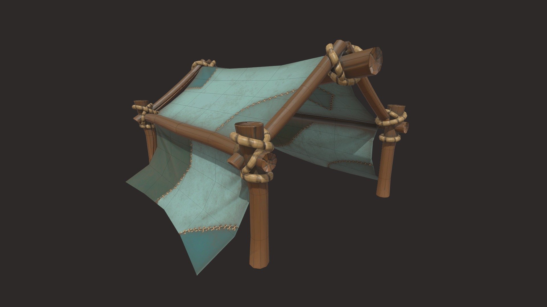 Stylized tent. Tools used:
- 3DsMax for LP and HP models;
- ZBrush for adding details (foleds, stitches, wood cracks, rope);
- Substance painter for texturing;
- Marmoset for rendering 3d model