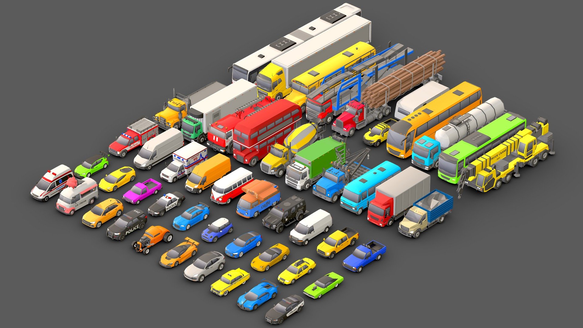 Vehicle Pack  Low- Poly 50.

You can use these models in any game and project.

This package includes 50 Models .

This model is made with order and precision.

The color of the body can be changed.

Separated parts (body. wheel . Trailers ).

Very low poly.

2000 - 8000 triangles per Models.

Texture size: 256 (PNG).

Number of textures: 1.

Number of materials: 1.

format: fbx, obj, 3d max - Vehicle Pack  Low- Poly 50 - Buy Royalty Free 3D model by Sidra (@Sidramax) 3d model