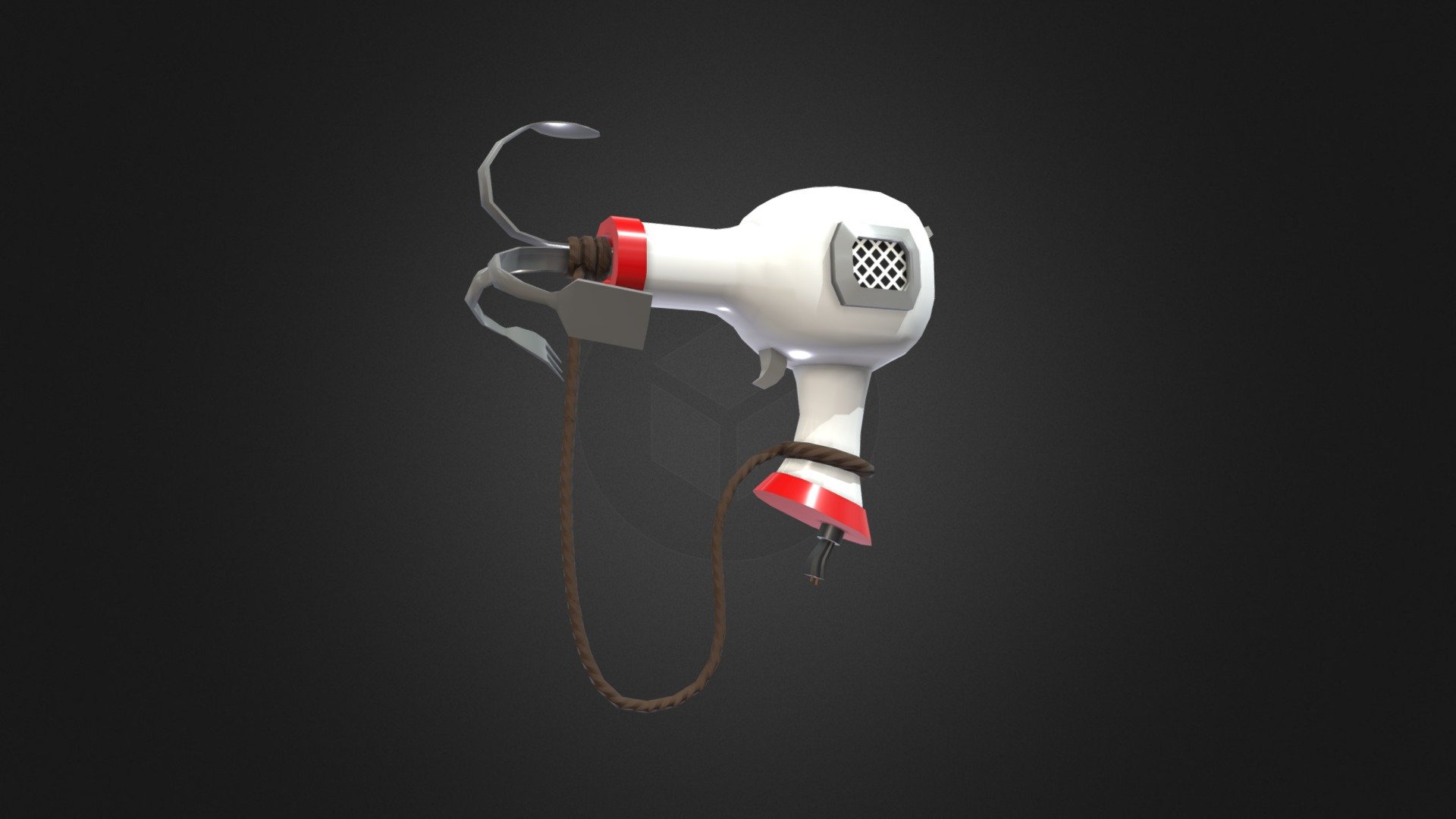 A cartoony grappling hook, made of a hairdryer and some kitchen utensils.

Modelled in Blender, and textured in Substance Painter 3d model