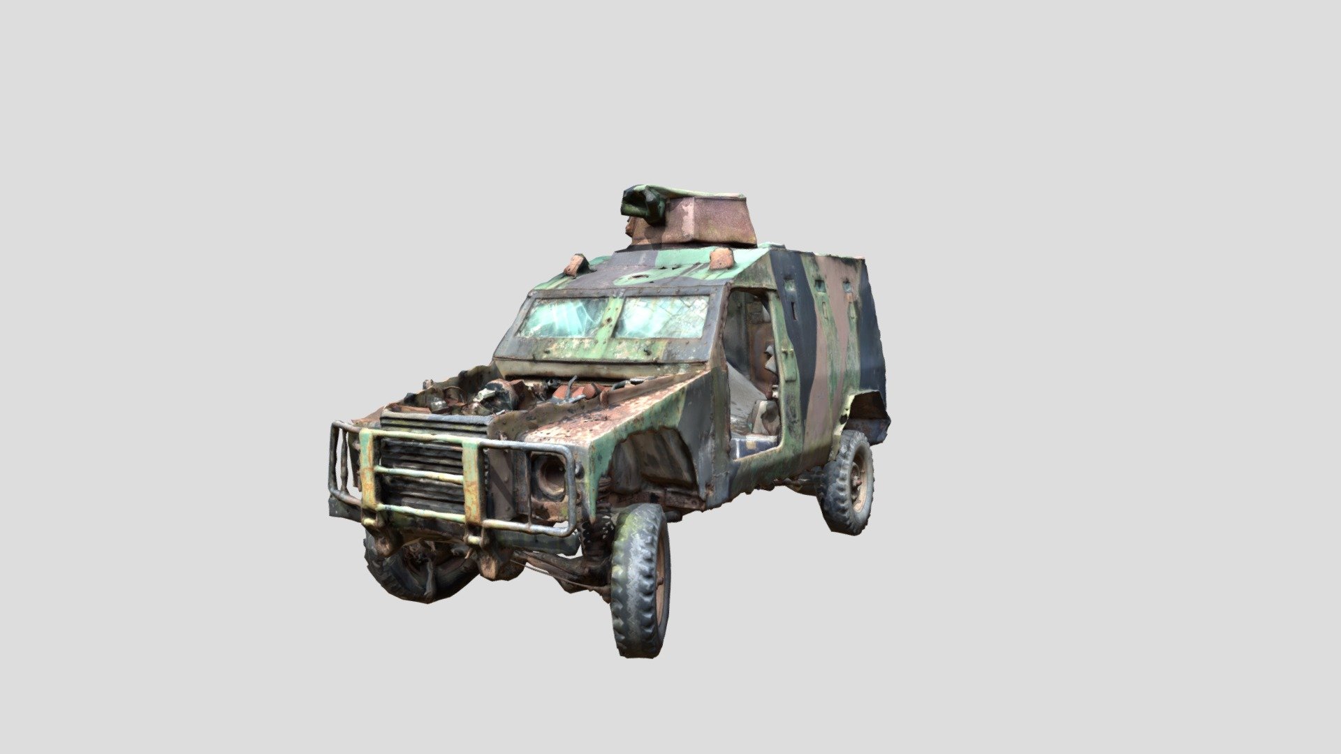 A 3D scan of an old/wrecked military armoured truck.

Photogrammetry processed in Polycam.

Removed surrounding geometry, and fixed texture on roof.

Great for use as a prop or a reference for modelling 3d model