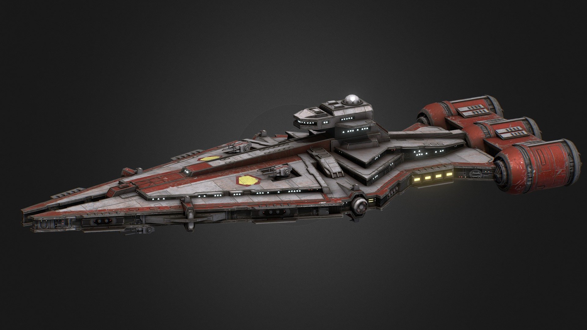 As the Clone Wars pushed into their fourth year, the Republic began to look back at existing ships in service and determine how best they could be preserved and improved to increase survivability and compatibility with other ships in the fleet. One such ship that underwent multiple improvements was the Arquitens-class Light Cruiser.

A new bridge module was installed using standardized Command and Control (C2) systems already in place on the Venator and Acclamator, the engines were brought up to current standards along with structural adjustments to allow for more efficient cooling, and the ship's weapons were rearranged and more escape pods installed for crew use in emergencies.

• Mesh &amp; design by ArvisTaljik, I did some greebles and the texture work.

• Join my Patreon for monthly game ready models! www.patreon.com/Kharak

• Check out my other content: linktr.ee/dominion_of_kharak - Republic Arquitens Frigate - Collab/Commission - 3D model by Kharak 3d model