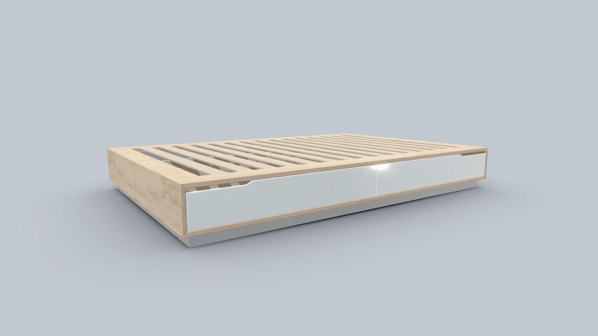 IKEA Bed frame with 4 larges drawer, birch/white 140x202 cm. 
Ref IKEA: 102.804.82

Birch wood is texture with a 4096px image texture, other part is vertex color.

Made in Blender 3d model