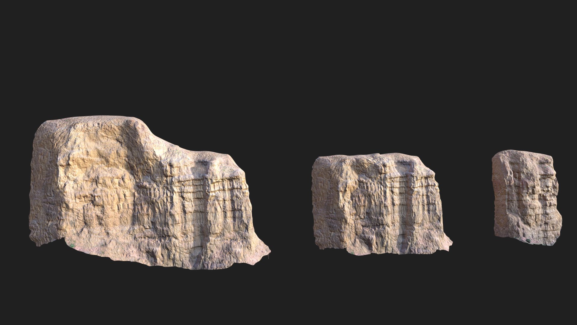 **Two unique cliff scans with 8K PBR textures: **




Albedo

Normal

Roughness

Displacement

Rendered in Cycles with displacement + adaptive subdivions:


Additional Files contain:




blender source file + packed textures

.fbx

.obj

textures

Captured in neutral lighting conditions. Feel free to rotate the lights.

Please let me know if something is not working as it should.

Big Desert Cliff Pack Scan - Big Desert Cliff Set Scan - Buy Royalty Free 3D model by Per's Scan Collection (@perz_scans) 3d model