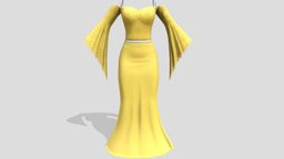 Golden Elegance Sunlit Winged Gown trim, fashion, off, floor, long, clothes, party, dress, gown, yellow, sleeves, elegant, shoulder, golden, mythical, winged, wear, romantic, evening, edges, length, coctail, scalloped, pbr, low, poly, female, gold