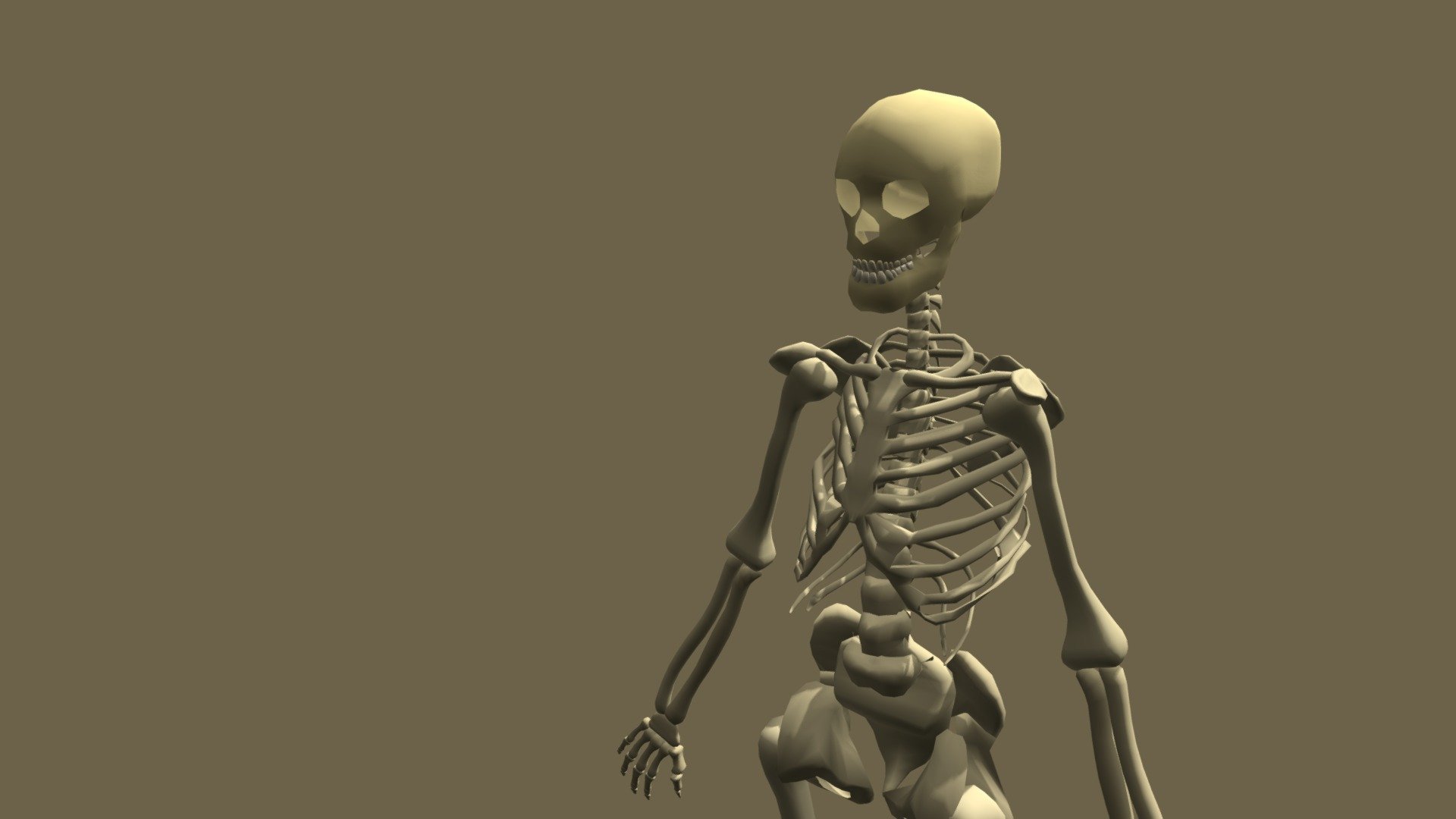 a low poly skeleton wich i create .all the principal bones are separe ( skull, spine , rib cage , ilium , femur , tibi , feet , humerus , radius , ulna ,and hand).
if someone want to download the model ,just post a comment.
sorry for my english 3d model