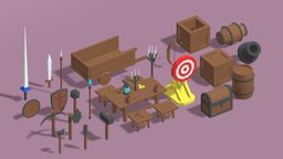 Cartoon Medieval Props Package food, toon, prop, medieval, chairs, pack, furniture, table, town, decor, props, old, models, environments, various, cartoon, game, lowpoly, skull, wood, fantasy