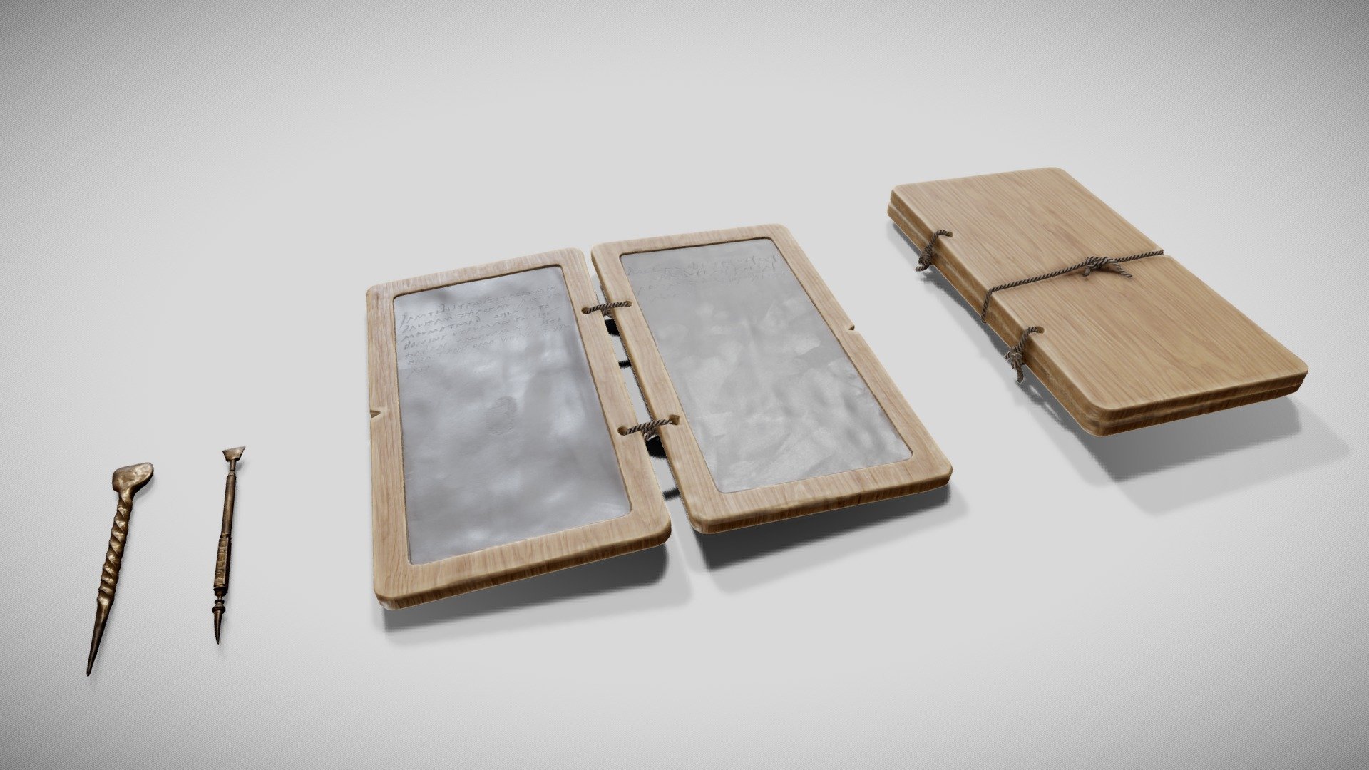 Want to give your renders an historically accurate touch? Here is an ancient writing set based on real artefacts found by archaeologists.
This kind of set composed of wax tablets and styluses was widely used during Antiquity, Middle Ages and Renaissance because it was reusable and way cheaper than paper, papyrus or parchment . Wax tablets were used as notebooks, to send messages, to do calculations, to learn to write..

**What's inside? **




Stylus 1 : Bronze, based on a real medieval object (14th century)

Stylus 2 : Bronzed, base on a real roman object (1st century B.C 3d model