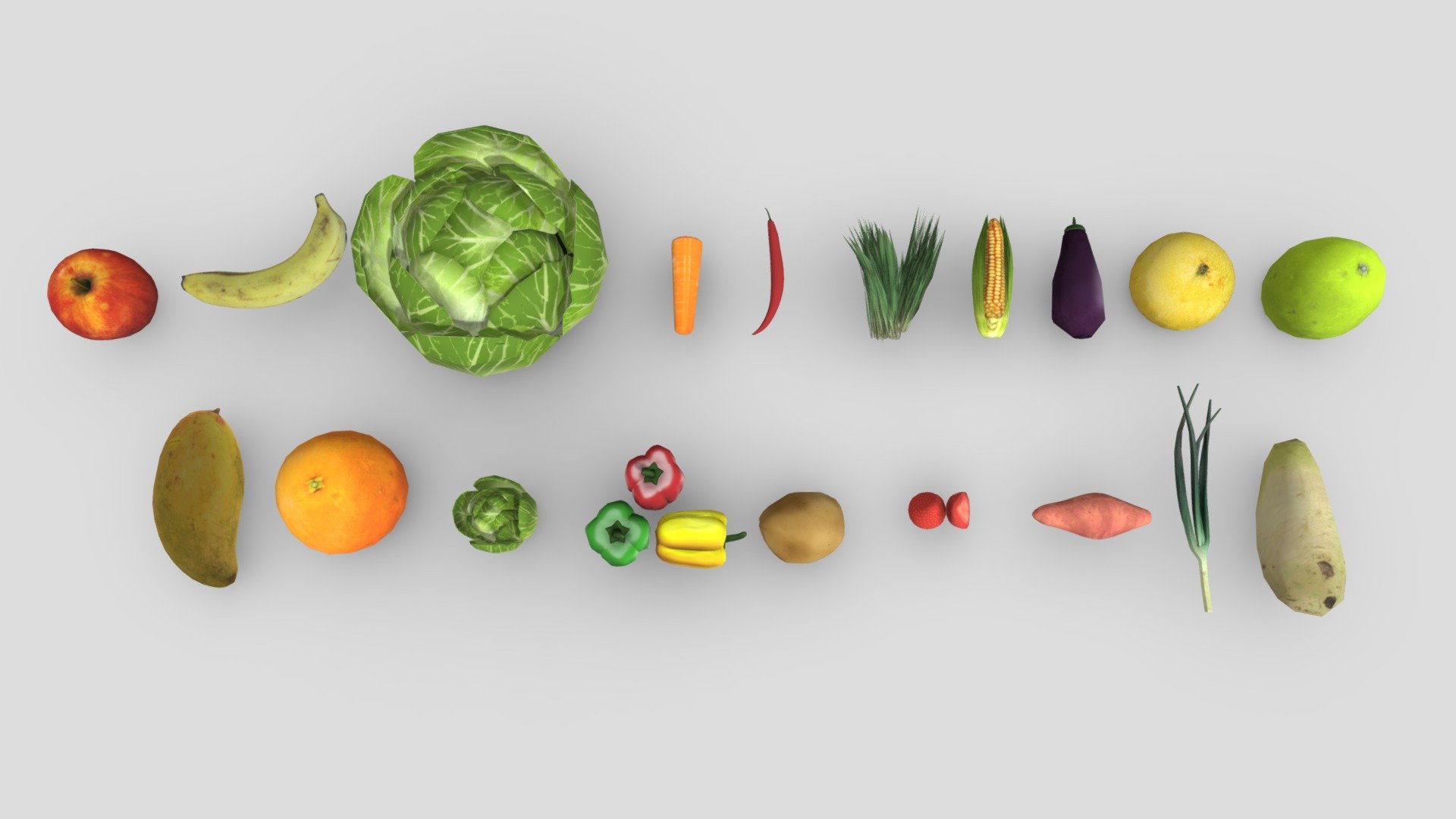 Hi.
We make a set for webtoons with sketchup.

But you can use it anywhere else.

-

This is &ldquo;lowpoly Fruit&amp;vegetable pack &ldquo;

The components are:

apple_01

banana_01

cabbage_01

carrot_01

chili_01

chives_01

corn_01

eggplant

grapefruit_01

lime_01

mango_01

orange_01

pakchoi_01

paprika_01

potato_01

strawberry_01

sweetpotato_01

welshonion_01

whiteradish_01

including : fbx,jpg,blender

I hope you use it well 3d model