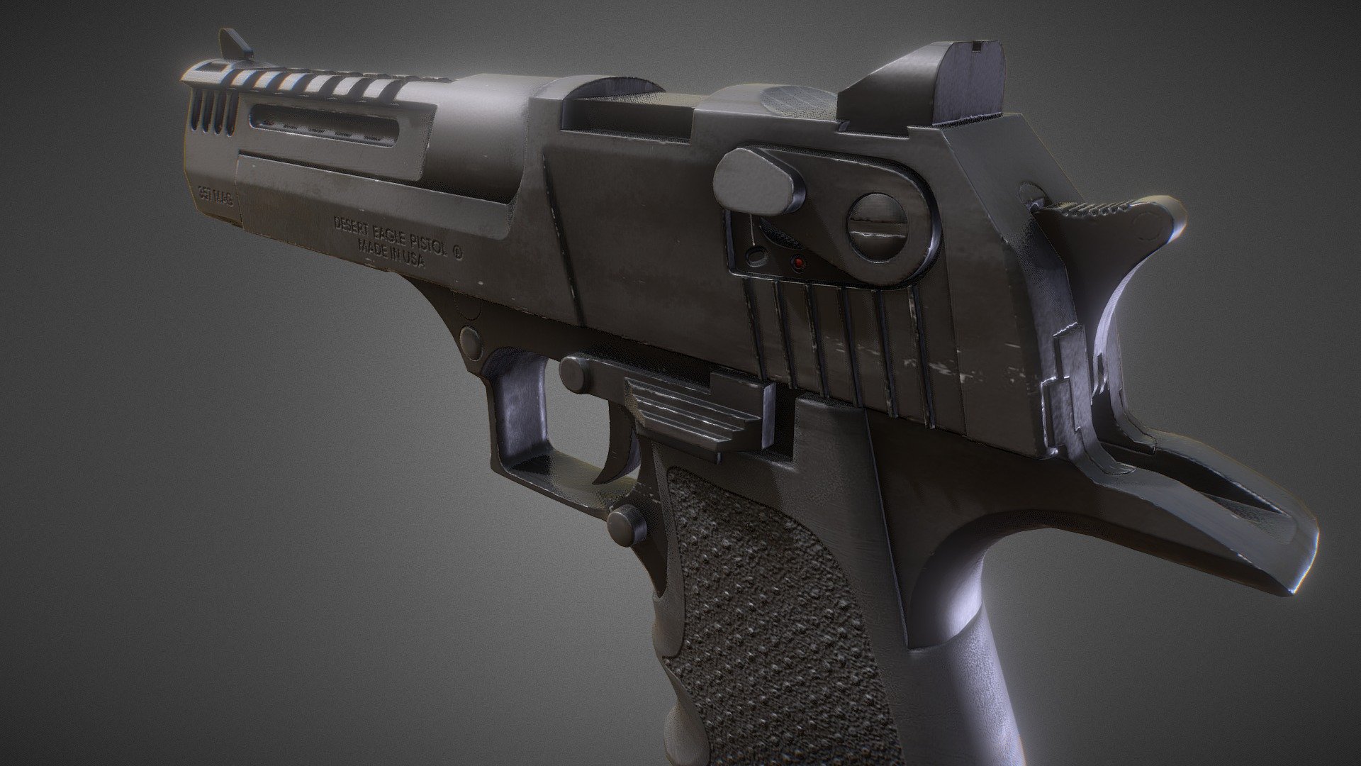 The new aluminum  Desert Eagle L5 with the .357 barrel.
Included in paid model:





Maya ASCII (2018) scene containing high poly, low poly and basic animated version.




FBX files: 







deagle_high.fbx : high poly (without smooth). Can be imported into other 3d programs that support creases or hard edges/smoothing groups can be used as bevels/creases.




deagle_low.fbx : low poly with smoothing groups, low poly with basic animation seen in Sketchfab scene.




deagle_anim.fbx:  low poly with smoothing groups and basic animation




deagle.fbx: bake file loaded in Toolbag, contains low and collapsed high separated and exploded.







deagle.tbscene: Marmoset Toolbag 3 scene used for baking.




deagle.spp: Substance Painter file.  The file can is organized and named. can be used for saving various textures with different colors and wear levels can be easily saved.




glTF directory with glTF model/PBR textures from Painter.


 - Desert Eagle L5 .357 - Buy Royalty Free 3D model by Valentin N (@vrntech) 3d model
