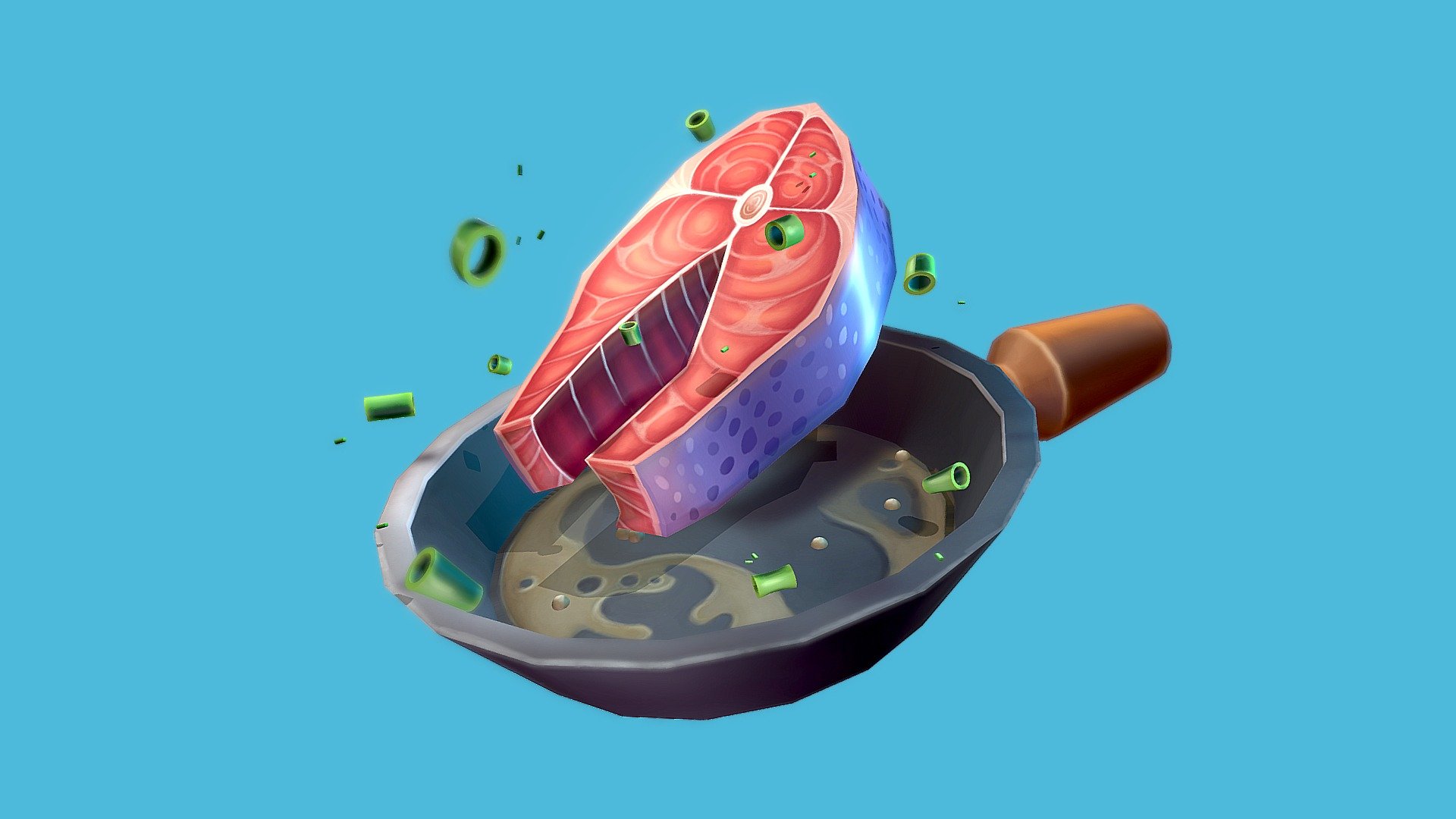 Pan fried salmon anyone? 

Took this oppurtunity to work on my hand painting skills as well as creating concept art into 3D forms.

Concept by Anna Shishkova: https://www.artstation.com/artwork/8w1BdQ

Programs used: Maya, Substance Painter and Photoshop 3d model