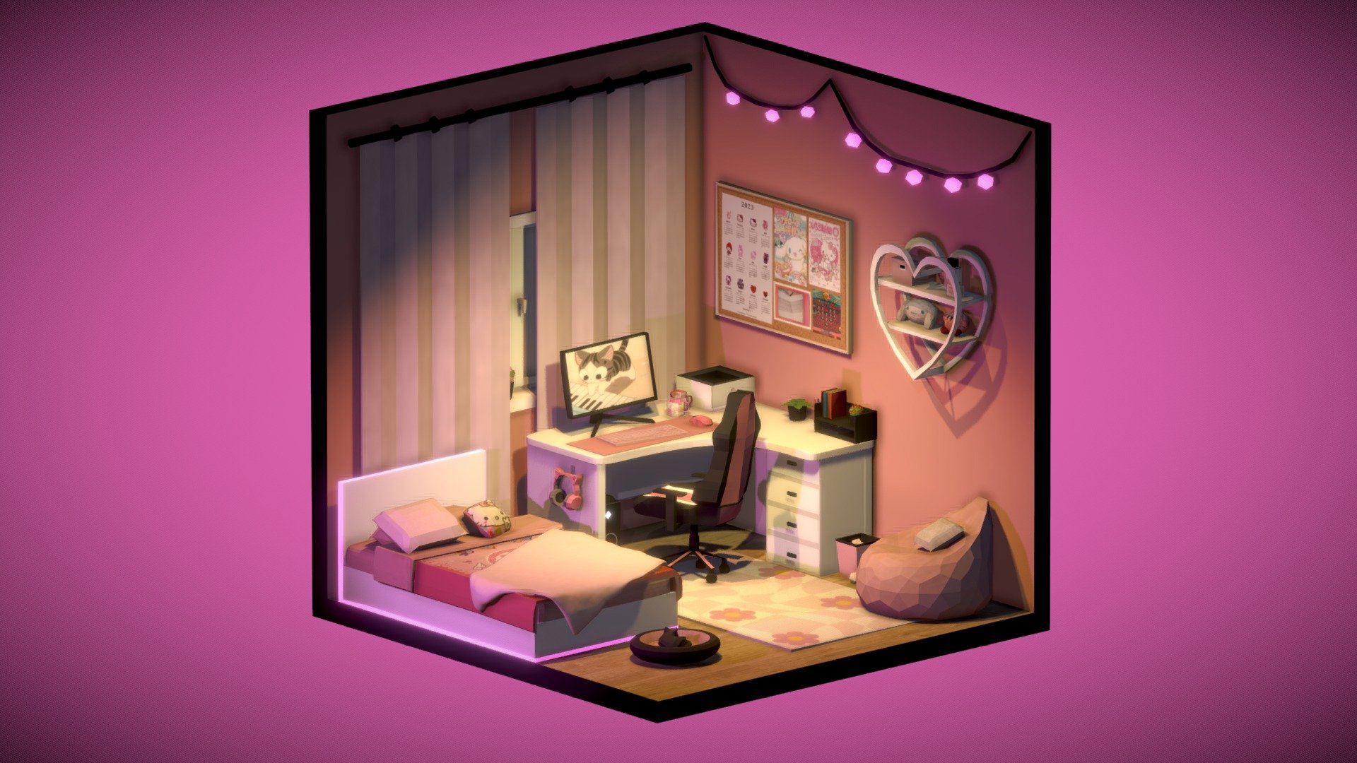 I'm just starting to work in Blender, this is my first job- a cozy room in isometry. I hope you liked it
In this room lives a girl who likes to play games and watch something in her free time. Now she is watching &ldquo;Chi's Sweet Home