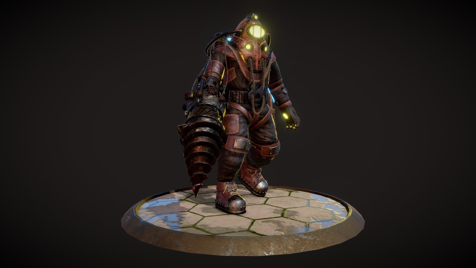 Hi everyone !

I made this character from Bioshock 2 for my personal Demo reel. I modeled him in Blender, textured with Substance painter and sculpted in Zbrush. He is completely rigged and skinned.

I spent few months to made this project so I hope you like it !

EDIT : You can purchase it now :)

The zip file contains :





2 OBJ files , one with the pose that you see in the viewport and another one in T-pose.




a Blend file with the 2 poses, skinned and rigged, and all maps set up.




a folder with all the PBR maps in 4K.



Feel free to ask some additional files. Enjoy ! - Big Daddy Bioshock 2 (Subject Delta) - Buy Royalty Free 3D model by Théophile Arlot (@theophilearlot) 3d model