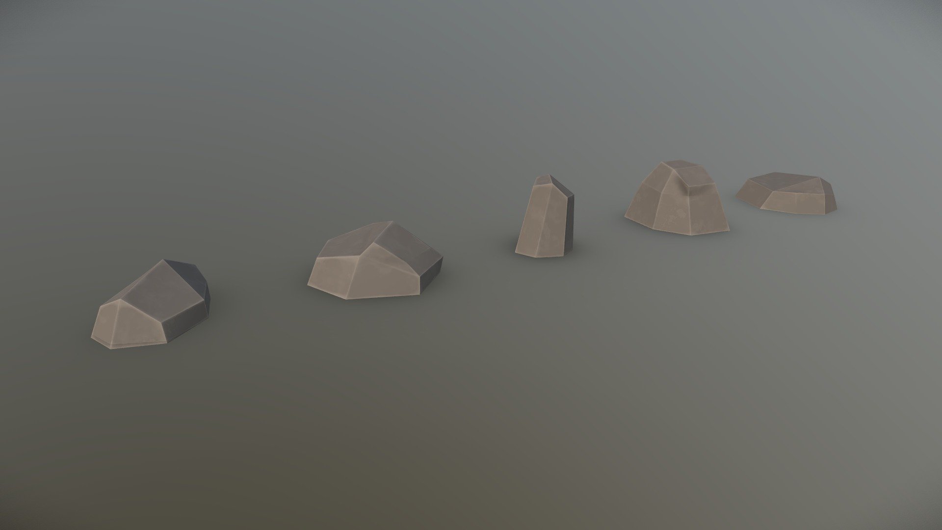 A set of 5 low poly rocks that I have created as part of my current project. These assets were created using Maya 2019 and textured using Substance Painter.

These come to a total of 168 tris, with each rock being around 32 tris each 3d model