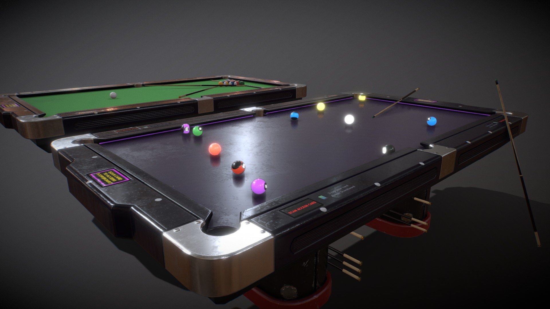 Pool table with Neon Balls - PBR- Low Poly

This model content a normal Pool table and a Neon Pool table Texture with Pool table, Cue Stick 16 normal ball and 16 neon ball mesh


The size of the pool table is Length 301cm width 165cm and height 83cm
Triangle count of this asset from 10708 to  392
Texture is  4096 to 1024 for each assets
Including RMA (Roughness, Metaliness, AO) map for optimization

Texture type-
* Albedo
* Normal
* Roughness
* Metalness
* AO
* Emissive
* Diffuse only/ Unlit

File Format: FBX, OBJ, TGA

This assets can be used for any project including game, movie, novel graphic, advertisement, personel project and etc. You may not resell or distribute any content of the asset - Pool table with Neon Balls - Buy Royalty Free 3D model by RavenLoh 3d model
