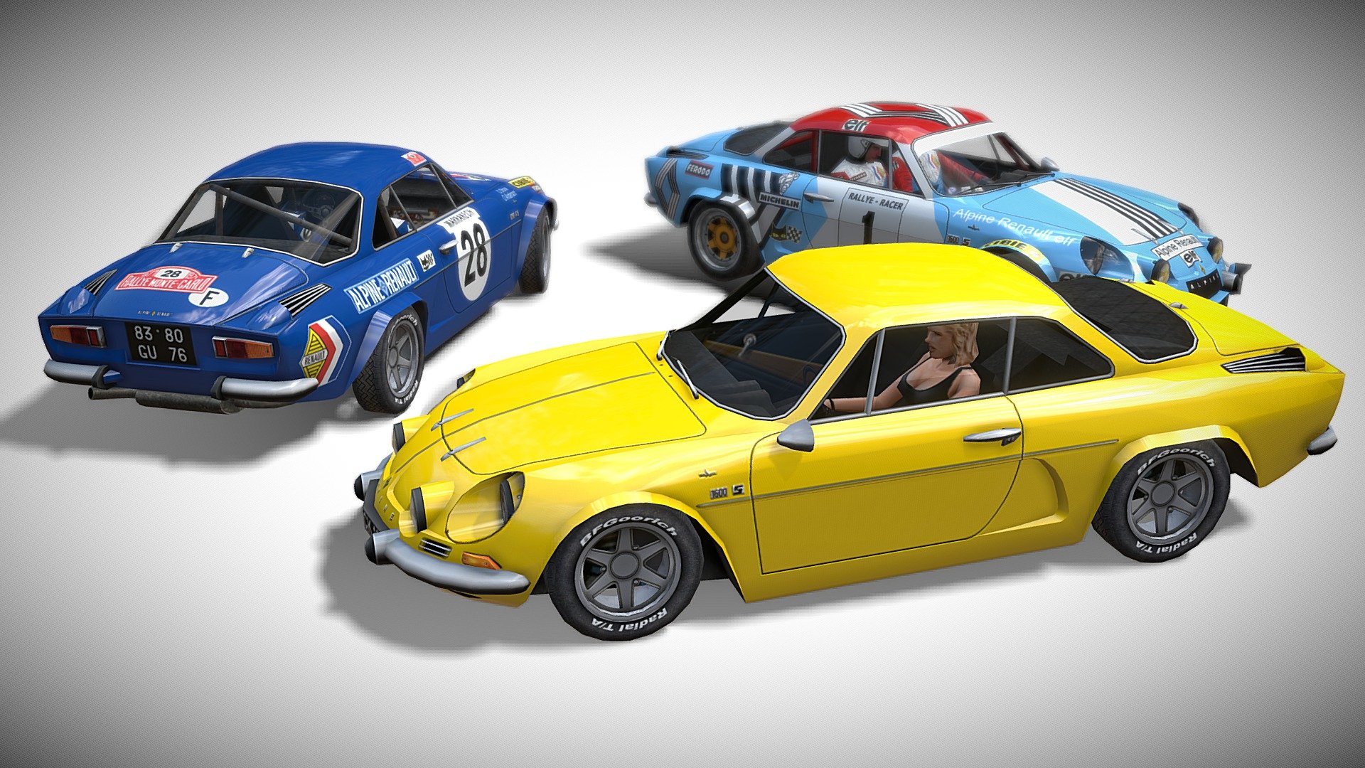 This is one of my first car models I built for a free independant racing game that allowed user generated content (racer.nl).  It had a wonderful community that i do miss quite a bit.  This was created before normal maps, high poly counts, and Substance Painter, but at least we had Photoshop&hellip;

The Renault Alpine A110 is one of my favorite vintage automobiles of all time.  I have only seen this car once in the flesh, and hope to again some day, it's so beautiful to me.  I have debated rebuilding this model as a high poly asset many times so I dug it out to see how it holds up in Sketchfab all these years later.  See what you think and maybe download it for fun.  Unfortunately I seem to have lost all the source PSD files for the textures and offer no tech support on the model (it is nearly 20 years old after all).

a110 Rally01 (#1): 5327 tris
a110 Rally02 (#28): 5293 tris
a110 Street (yellow): 4930 tris

I hope you enjoy the early 2000's retro video game model experience 3d model