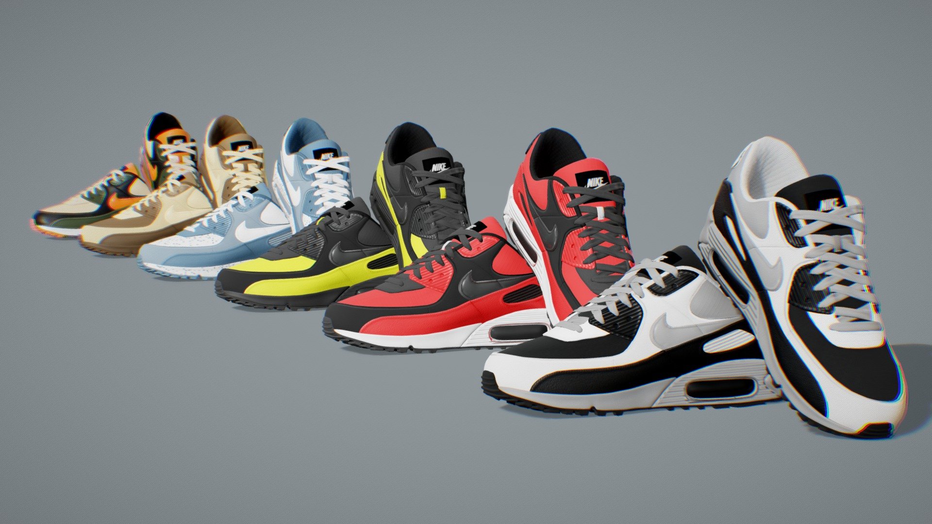 This are Airmax NIKE Shoes.
Textured differently,
There are 6 different textures Version.
Textures in 4k resolution.

Buy individually Here:
1) https://skfb.ly/oxPyV
2) https://skfb.ly/oxPBZ
3) https://skfb.ly/oxPCv
4) https://skfb.ly/oxPCG
5) https://skfb.ly/oxPCL
6) https://skfb.ly/oxPCR - Nike Shoe Airmax 01-06 - Buy Royalty Free 3D model by 5th Dimension (@5th-Dimension) 3d model