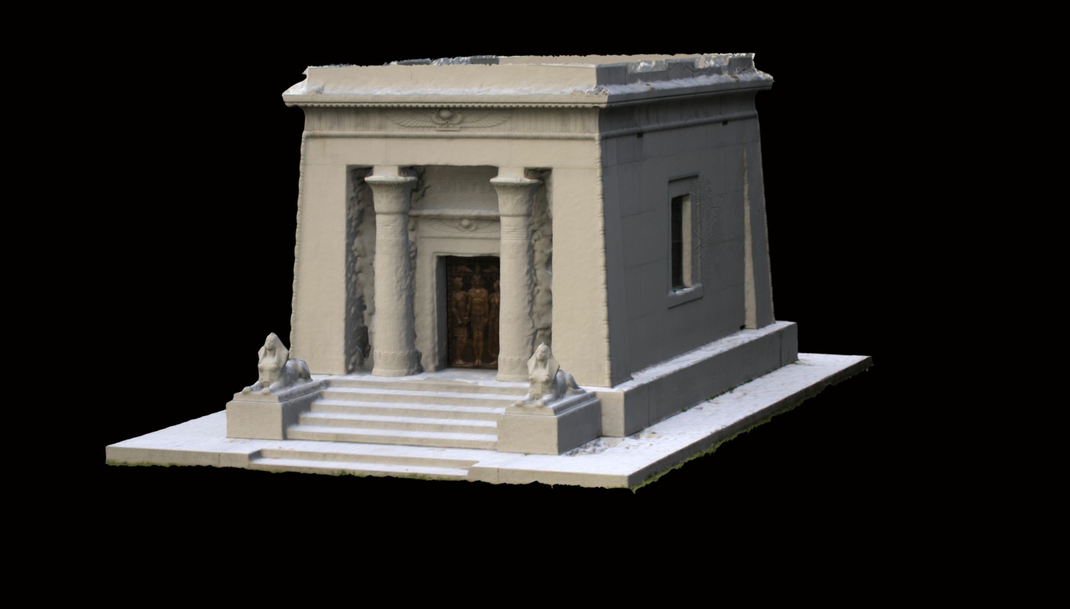 This is the Egyptian Revival Style mausoleum of Emil Winter in Pittsburgh's Allegheny Cemetery.  The model was created using Agisoft's Photoscan Pro from 80, 18MP images taken on July 19, 2015 using a Canon EOS Rebel T3i and a 18-55mm lens. Still a work in progress with additional detail to add and geometry to fix.

The mausoleum was built in 1930 and is a nearly exact duplicate of the one designed by John Russell Pope in 1920 and built for department store mogul F. W. Woolworth in Woodlawn Cemetery in New York.
https://alleghenycemetery.com/content.php?cat=genealogy&amp;page=mausoleums&amp;mode=detail&amp;id=15137

For a detailed model of the left sphinx, see https://skfb.ly/FNPM

If you ever have the opportunity to visit Pittsburgh, Allegheny Cemetery is an absolute must see.  It is one of the truly magnificent Landscape cemeteries in America 3d model