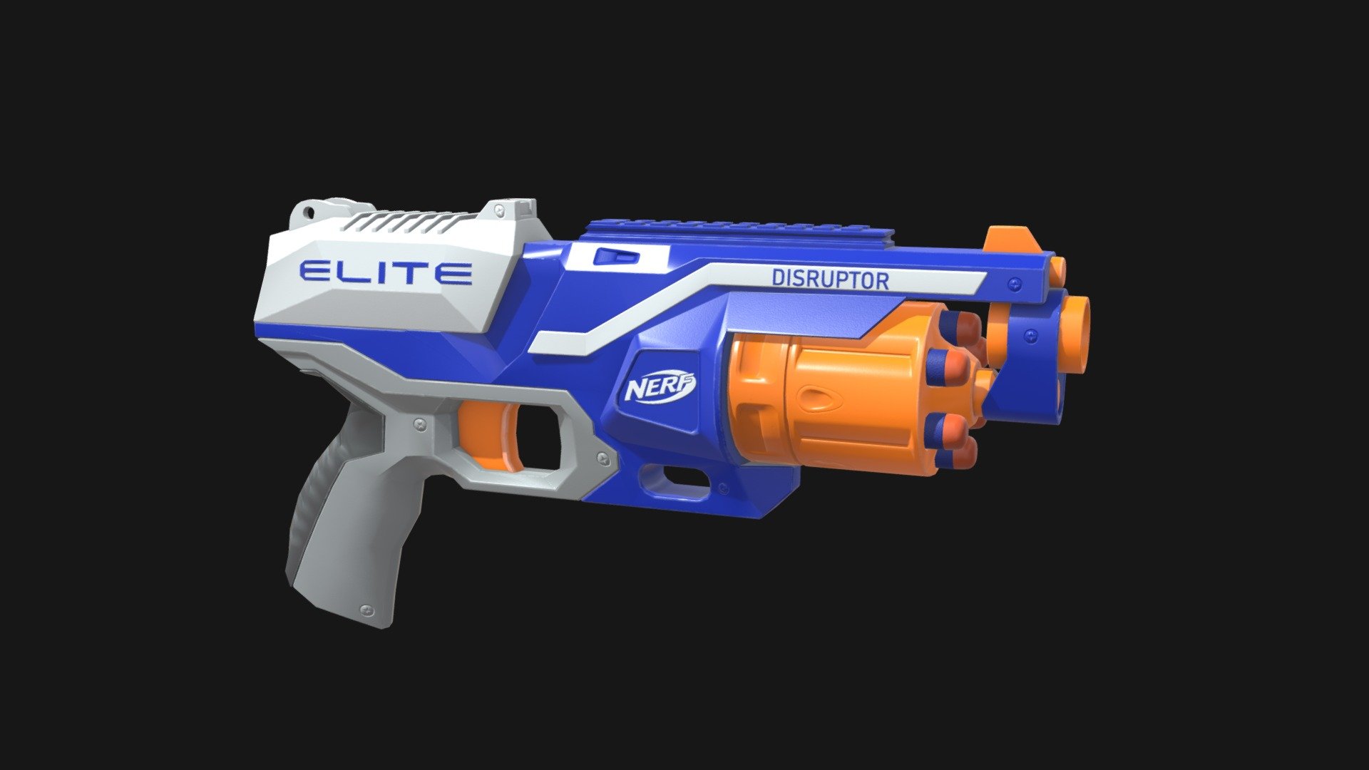 The NERF Disruptor was released in winter of 2016 as part of the N-Strike Elite series. It is a 6 shot revolver style sidearm and bears more than a passing resemblance to the hugely popular Strongarm but without the drop cylinder, instead using a front loading design.

Elite Disruptor is a trademark of Nerf 3d model