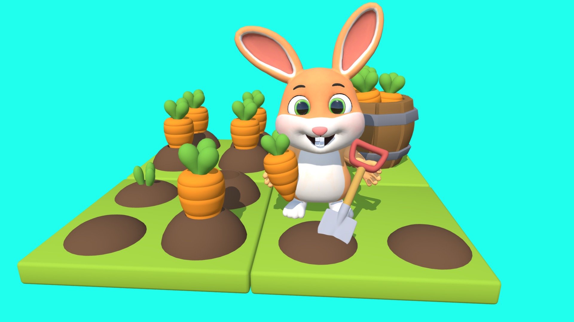 Stylized Rabbit in Carrot Farm.
The rabbit enjoys heavesting carrots!!!
Love eating carrots!!! - Cute Cartoon Style Rabbit  (Rigged) - Buy Royalty Free 3D model by Juliette(PurpleFox) (@JulietteArt) 3d model