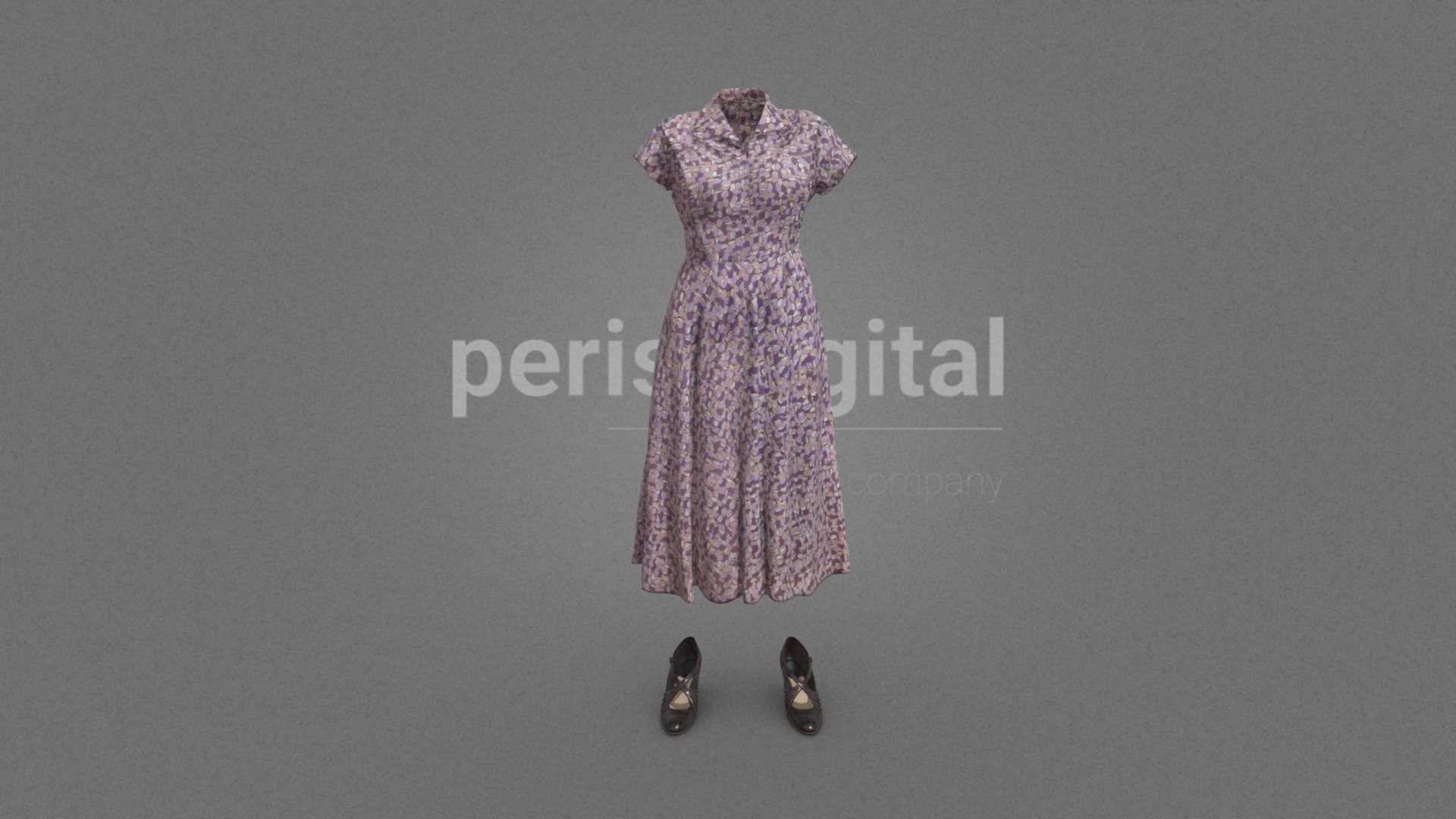 Shirt dress printed in purple tones, short sleeves; brown leather heeled shoes with cross straps.

Our &ldquo;40s