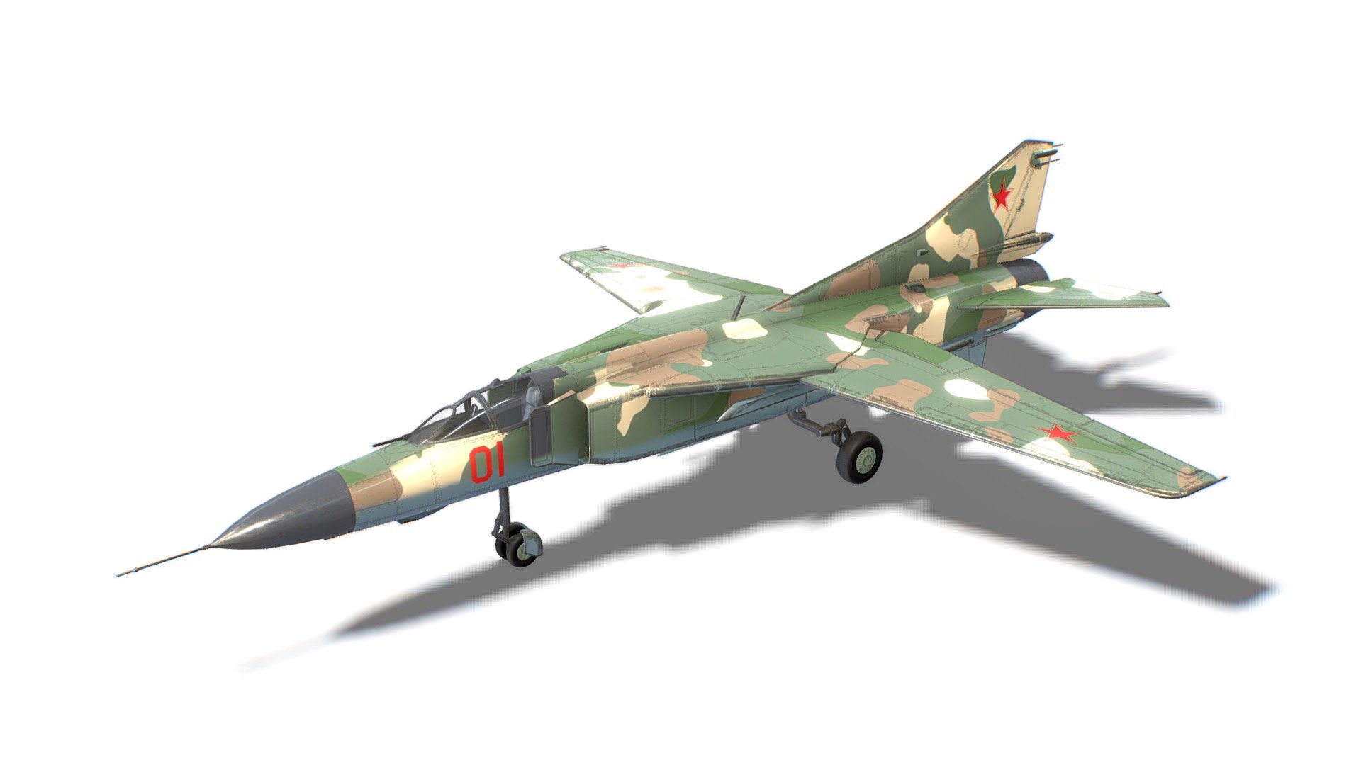The model looks like a MIG-23 Flogger. All parts of the model were made in full accordance with the original. Each dynamical part is separated and has correct pivot points, that allow easy animation and use in games. 

Advanced information:
- single material for whole mesh;
- set of 4K PBR textures;
- set of 4K Unreal PBR textures;
- set of 4K Unity PBR textures;
- set of 4K CryEngine PBR textures;
- FBX, DAE, ABC, OBJ and X3D file formats;
- 4 level of details;

Mesh details:
LOD0 - 10294
LOD1 - 5146
LOD2 - 2573
LOD3 - 300 - MIG-23 Flogger Jet Fighter Aircraft - 3D model by FreakGames 3d model