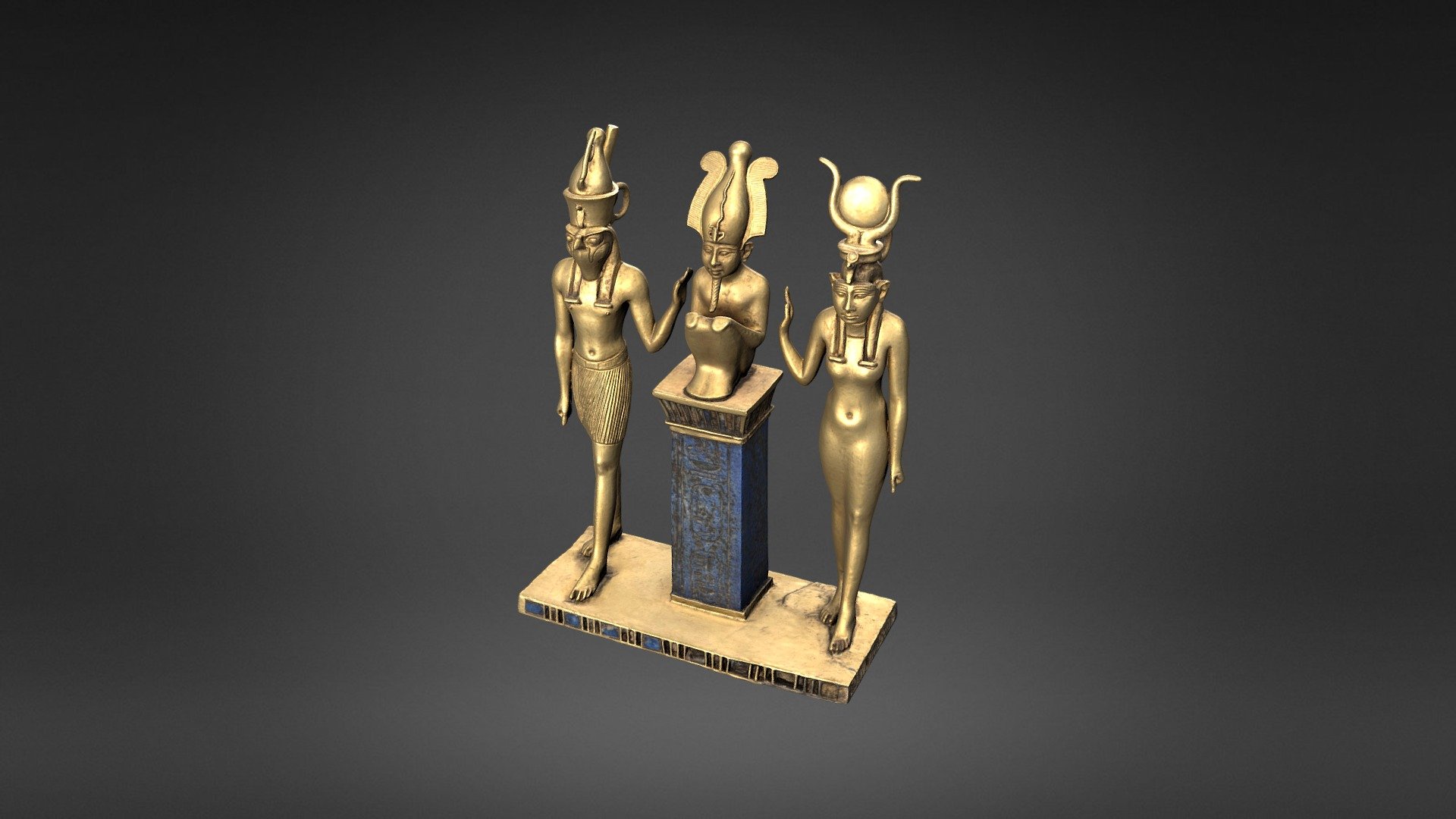 Pendentif au nom du roi Osorkon II : la famille du dieu Osiris

E6204

Ce bijou extrêmement précieux en or plein et en lapis-lazuli, authentique chef-d'oeuvre de l'orfèvrerie antique, représente la triade divine de la famille d'Osiris. Malgré la présence du grand dieu des morts, il s'agirait davantage d'un trésor de temple que d'un bijou funéraire.

Trois figurines en or plein représentent Osiris entouré par son fils Horus et son épouse Isis, avec leurs attributs: tiare à plumes et suaire pour Osiris, tête de faucon et double couronne royale pour Horus, disque encadré de cornes de vache pour Isis.

DIMENSIONS : 9cm

PERIODE : 874 - 850 BC (22nd dynasty)

Musée du Louvre

Agence Photo

This is a light 3D model for web display. To use the high quality model contact agence.photo@rmngp.fr

© Rmn-GrandPalais - Musée du Louvre / Reproduction 3D Rmn-GP - Pendentif au nom du roi Osorkon II - 3D model by Rmn-Grand Palais (@francecollections) 3d model