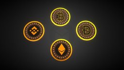Crypto currency Coins coin, bitcoin, coins, dogecoin, ethereum, game, lowpoly, digital, animation, gold, gameready, binance-coin