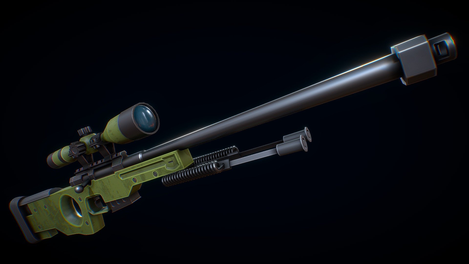 Low-poly 3D model of Stylized AWP Sniper Rifle. This model has 2K textures, doesn't contain any ngons, has optimal topology 3d model