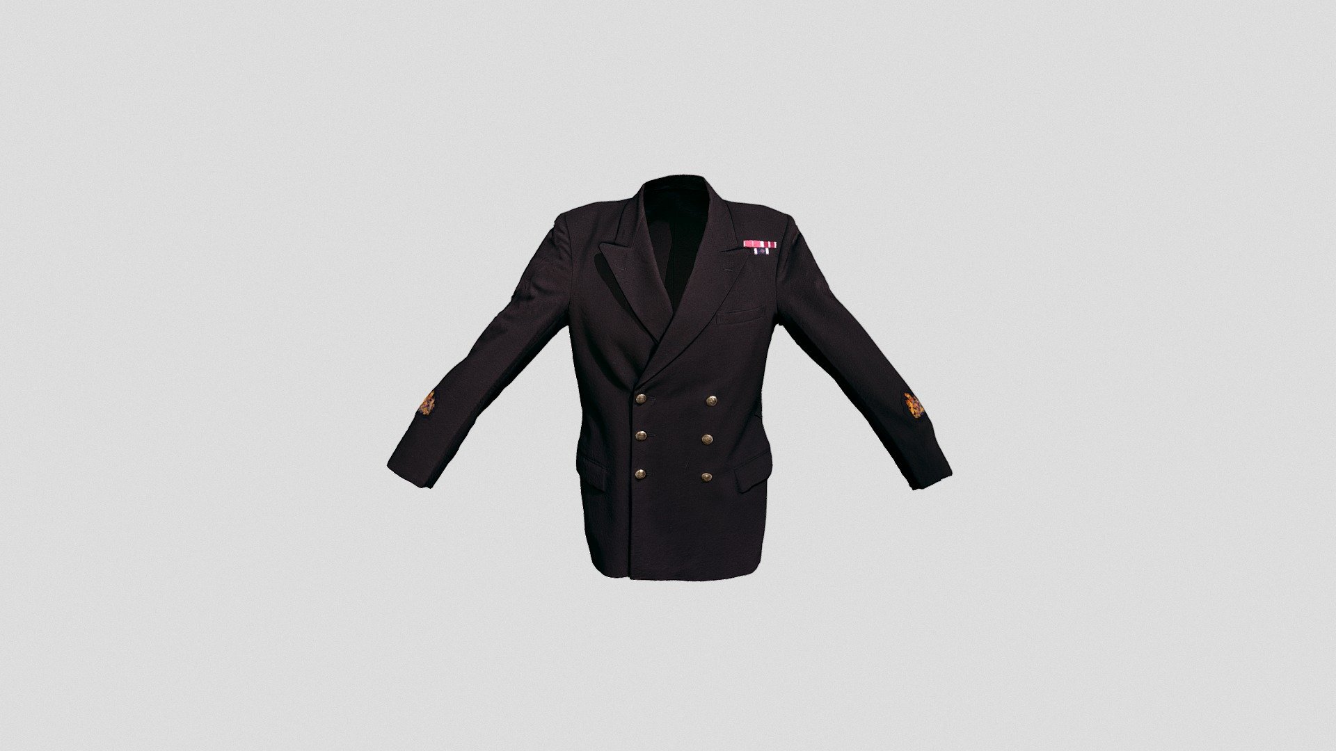 Short form description: A black naval uniform great coat with a variety of different cap markings/rankings. 
Long form description: A black naval uniform jacket with a variety of different badges and rank markings over the shoulders and arms. There are 6 buttons down the front of the coat, with 3 buttons either side with accompanying button holes, suggesting that it was actually unisex. The material used is a black cotton with the garment then being lined with silk. On the cuff of either sleeve there is a British army cap suggesting that the ranking of the person who originally owned and wore the garment. There is a naval stripe on the left shoulder where potentially medals would have hung or further indication of where the gentleman ranked on terms of the navy. There is a small split up the back of the garment, there to assist with movements such as getting in or out of vehicles or climbing on and off a horse. 
Model made by Purpose 3D - Naval Uniform Jacket - 3D model by musecornishlife 3d model