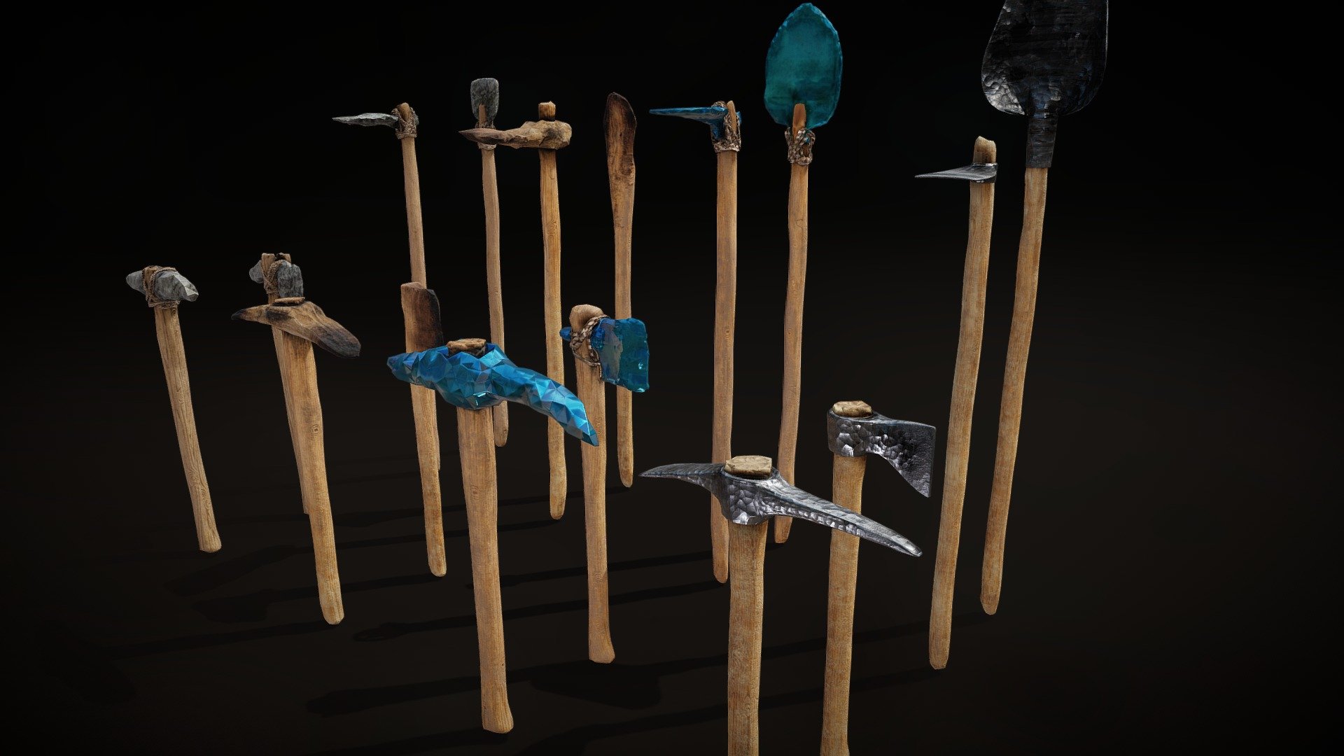 Weird idea&hellip; Minecraft tools, realistic. Like literally made on working bench so they are raw and simple as possible. 

No fancy finish, no polishing, you slap wood sticks and material and combine them with your hands.

Materials are separated by.... materials, so diamond, wood, iron and stone. All in 4k PBR.

Made in Blender 3d model