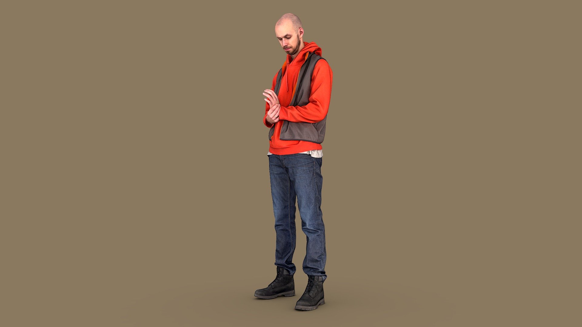 Follow us on Instagram 👍🏻

✉️ A tall handsome bald young guy with neat stubble on his face stands with his eyes downcast, nervous, does not know where to put his hands. He is dressed in dark blue jeans, black Timberland lace-up boots, a bright orange hooded sweater, and a reversible vest on top.

🦾 This model will be an excellent mid-range participant. It does not need to be very close and try to see the details, it reveals and demonstrates its texture as much as possible in case of a certain distance from the foreground.

⚙️ Photorealistic Casual Character 3d model ready for Virtual Reality (VR), Augmented Reality (AR), games and other real-time apps. Suitable for the architectural visualization and another graphical projects. 50 000 polygons per model 3d model