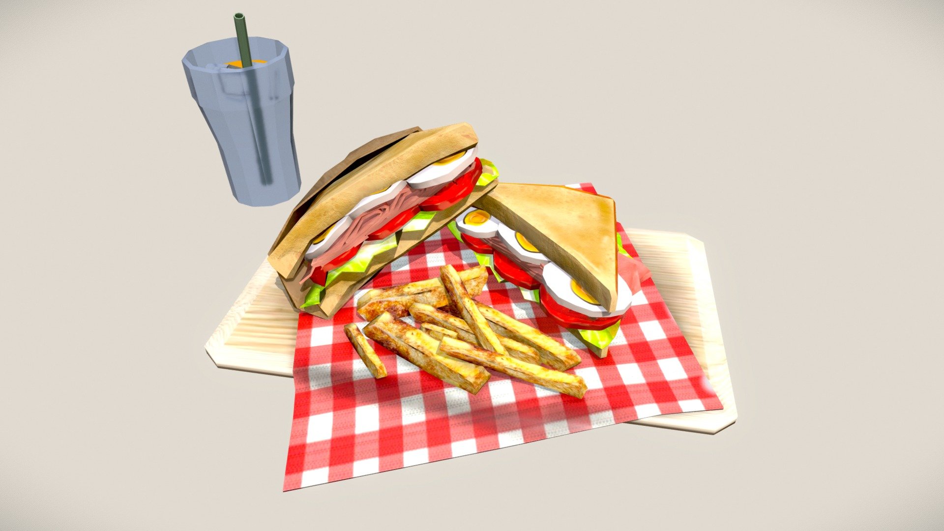 Sandwiches with fries and drink 3d model