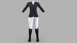 Female Horse Riding Costume white, fashion, girls, jacket, clothes, pants, classic, dress, boots, realistic, real, costume, english, womens, riding, outfit, wear, ladies, equestrian, metaverse, dressage, pbr, horse, low, poly, female, black, jodhpurs