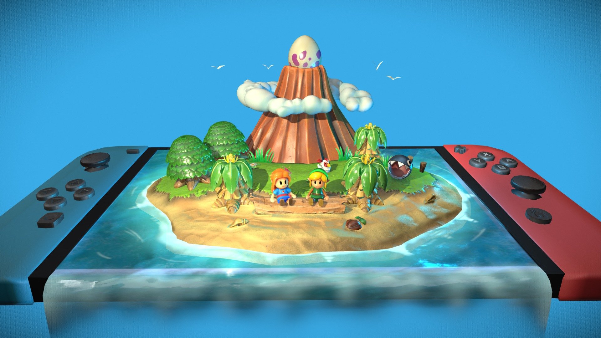 Here's a recreation of Koholint Island from Link's Awakening I made. Based on Ana Solana's illustration. 
I tried to replicate the toy mockup style used in the remake of said video game, from the glossy plastic finish of the shaders to the low poly geometries.
Modeled in Maya and textured in Substance 3d model