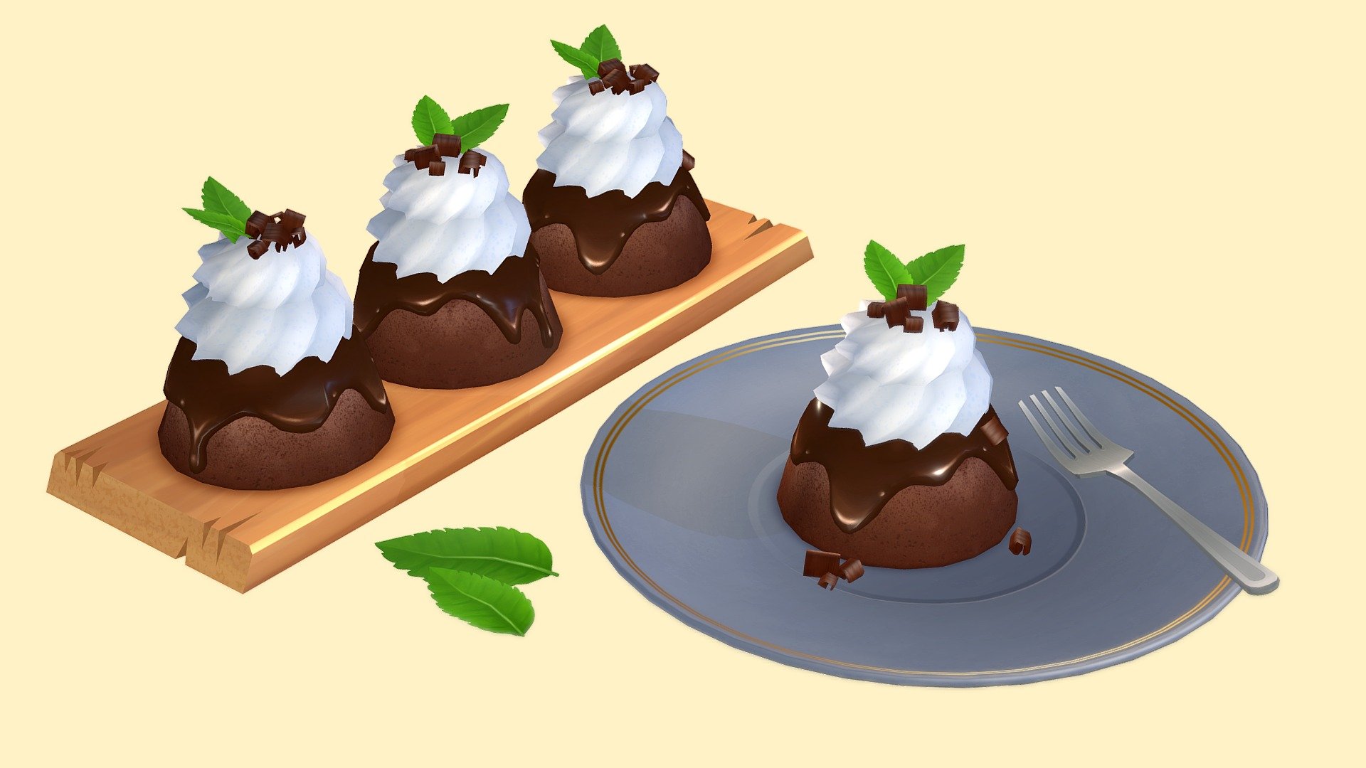 Hello! 
Here is my participation for the Dessert Challenge! 

I had so much fun working on it! 
Hope You enjoy! 

Ps: here my reference!
https://www.thekitchenmccabe.com/2014/10/21/mint-chocolate-mini-cakes/
I used Maya and photoshop! - Delicious Chocolate Mint Cake - 3D model by lamunger 3d model