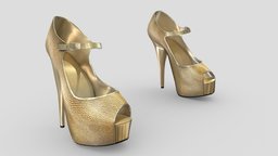 Female Gold Ankle Strap High Heels Shoes high, platform, shoes, sandals, straps, shiny, ankle, heels, elegant, pumps, bridal, pbr, low, poly, female, gold