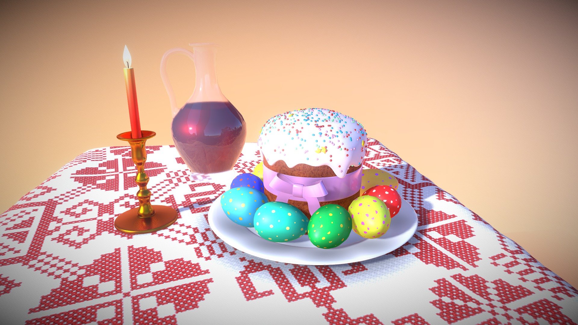 This is a part of our giftcvard scene made for last Easter. This Table and objects on it is main and central parto of a scene. We drove our knowlage from last several project to create mostly realistic scene. But the limitation of this web engine a still present, so I decided to optimize the topology of a model to be more accepatable here, and also seperated my scene to several parts. This part is most imortant, becasu it's in camera focus. The whole scene as a render avalable here: https://www.deviantart.com/kuro4ka13/art/Easter-cake-and-Cherry-878304721 - Easter cake - 3D model by Moora 3d model