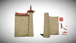 Modular Chinese Wall asian, chinese, architecture, lowpoly, model, house, stylized, building, gameready, wall, noai