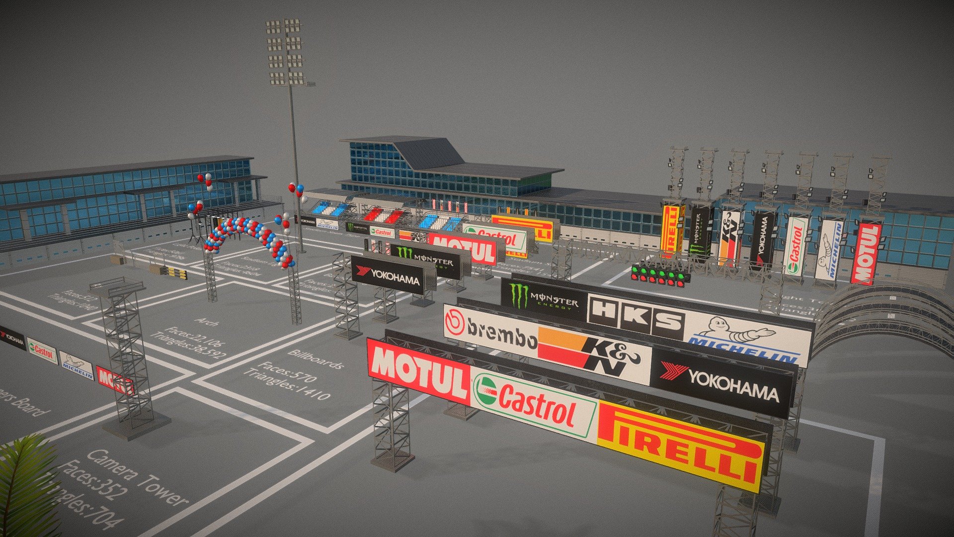 Optimized Race Track Props Collection Vol 1
All the Assets are Made using Trim-sheets and are optimized for games and Environments.



Buy Race Track : Sketchfab Page



This Pack Includes:-






Stadium Seats

Racetrack Billboards

Track Side Rails

Fence/Grills

Banners

Flags

Light Poles

Stadium Light

Towers

Balloon Arch

Decoration Lights

Palm Trees

Pine Trees
14.Light Towers
15.Pit Lanes
16.Starting Lights




Additional File Structure:
All the textures and blend files are included along with export files


Note(Important)
FBX File is in Export Folder in Additional Files,Don't forget to download it.In case of any help Contact me : nk.vmc.s@gmail.com - Race Track Props Collection Vol 1 - Buy Royalty Free 3D model by Nicholas-3D (@Nicholas01) 3d model