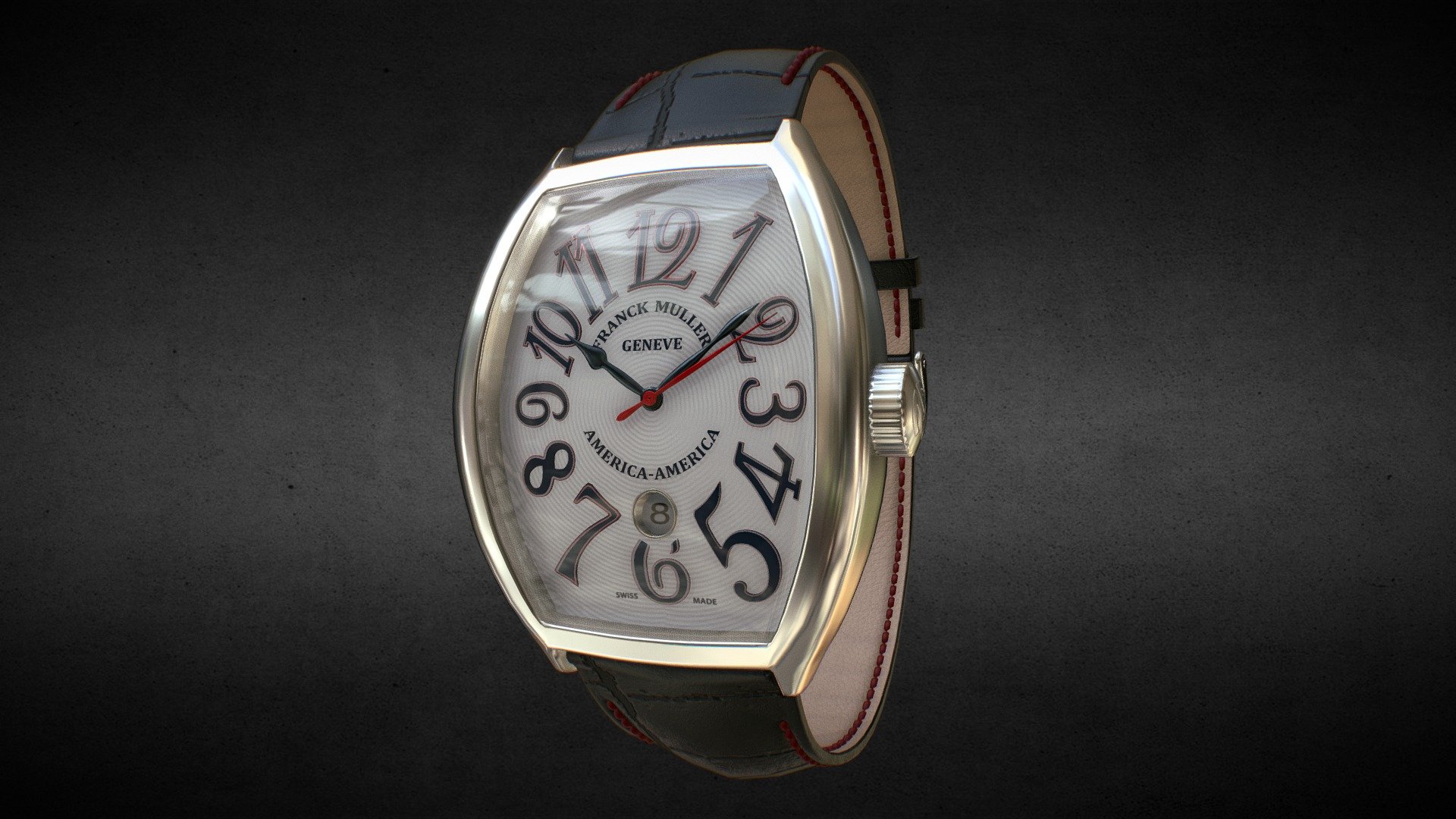 Awesome stainless steel FS- Franck Muller 8880 America  Watch with leather strap.
Use for Unreal Engine 4 and Unity3D. Try in augmented reality in the AR-Watches app. 
Links to the app: Android, iOS

Currently available for download in dae format.

3D model developed by AR-Watches

Disclaimer: We do not own the design of the watch, we only made the 3D model 3d model