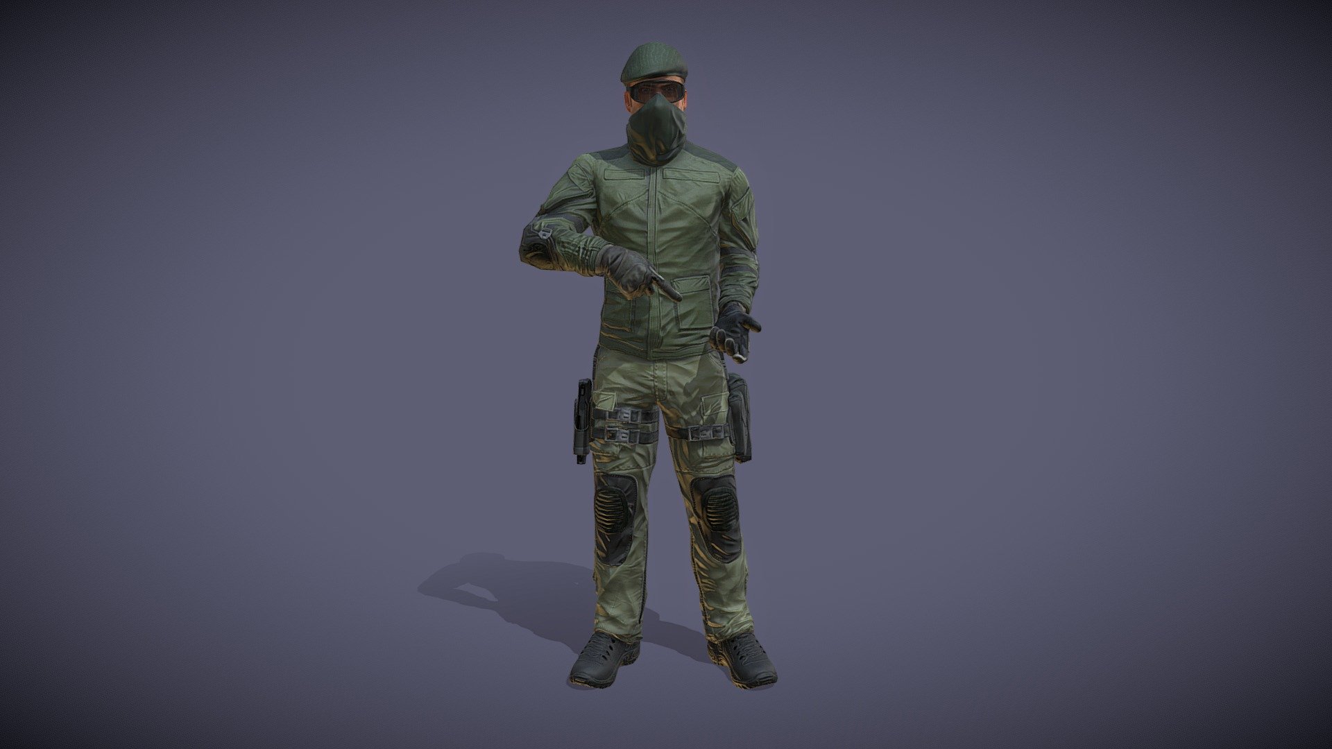 1 mesh.
Geometry: 14742 triangles, 8564 vertices.
PBR high resolution textures (4K).
Channels: diffuse, normal, metallic.
Animations: 90, all carrying a (not included) submachine gun.
Rigged type Generic.
SRP support: BuiltIn, URP, HDRP.
Unity version: +2020.3.
 - Army Soldier 2 - Buy Royalty Free 3D model by Hitoshi Matsui (@hitoshi.matsui) 3d model