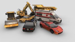 Low-poly auto pack for games police, machinery, ambulance, taxi, car, gameready