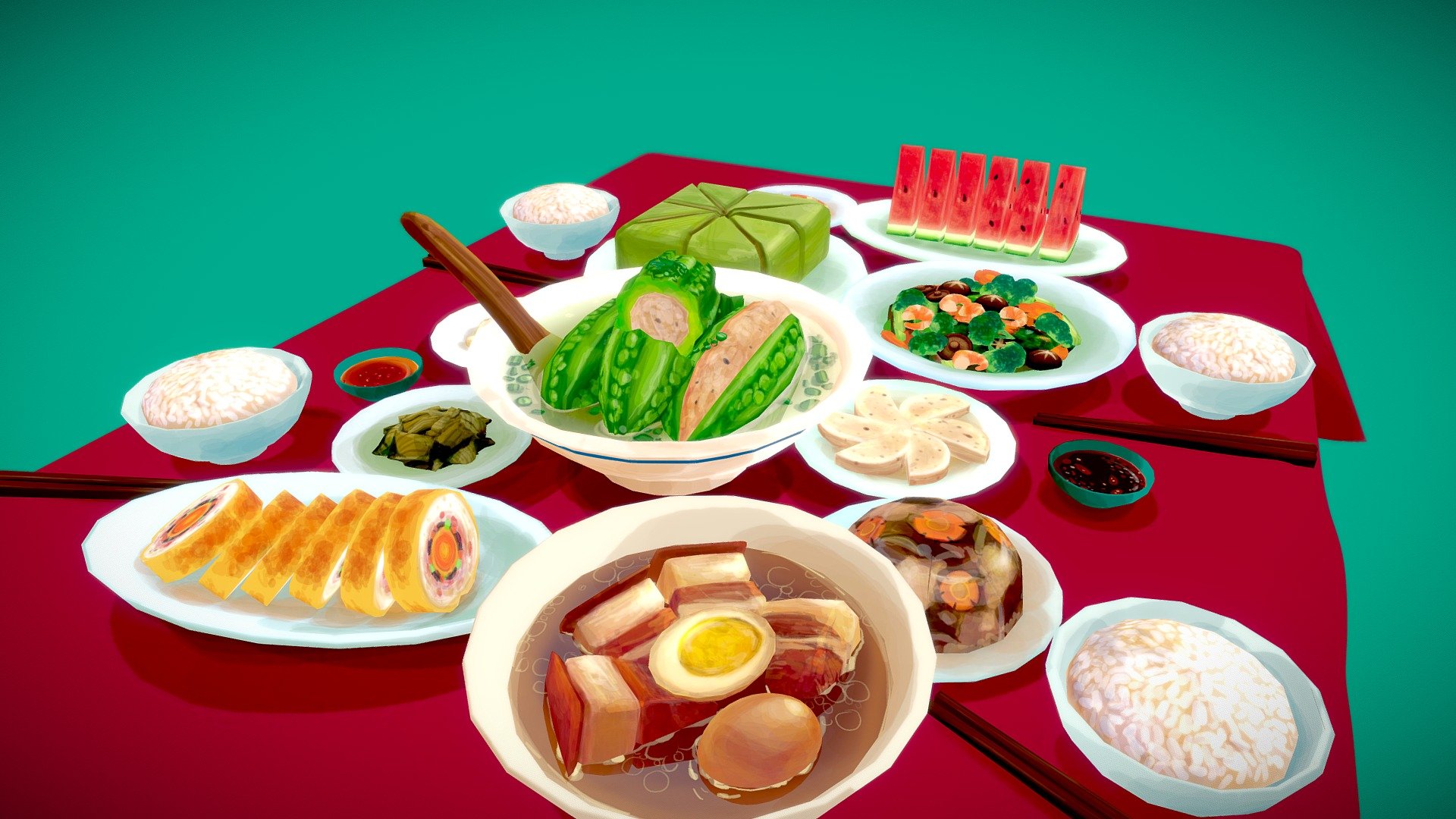 My first handpainting product in new year, I making it based on the supper of my family in lunar new year's day 3d model