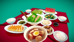 Vietnam New Year Foods food, plate, bowl, cuisine, meat, shrimp, rice, asian, traditional, vegetable, vietnam, supper, feast, substancepainter, handpainted, lowpoly