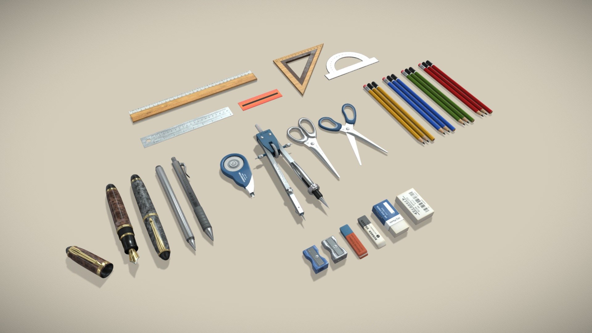 School supplies 3D model (pack) includes:


4 different pens and pencils
2 different scissors
1 divider
1 pen corrector
3 different rulers
1 wooden triangle
1 protractor
3 different pencil types
4 different colors
4 different eraser designs
2 different pencil sharpener designs

All textures and materials are included and mapped in every format. The model is completely ready for use visualization in any 3d software and engine.

Technical details:


File formats included in the package are: FBX, OBJ, ABC, PLY, STL, x3d, BLEND, gLTF (generated), USDZ (generated)
Native software file format: BLEND
Polygons: 12,034
Vertices: 11,508
Textures: Color, Metallic, Roughness, Normal.
All textures are 2k resolution
All files are in the .rar file.
 - School supplies Mega Pack Low-poly 3D model - Buy Royalty Free 3D model by 3DDisco 3d model