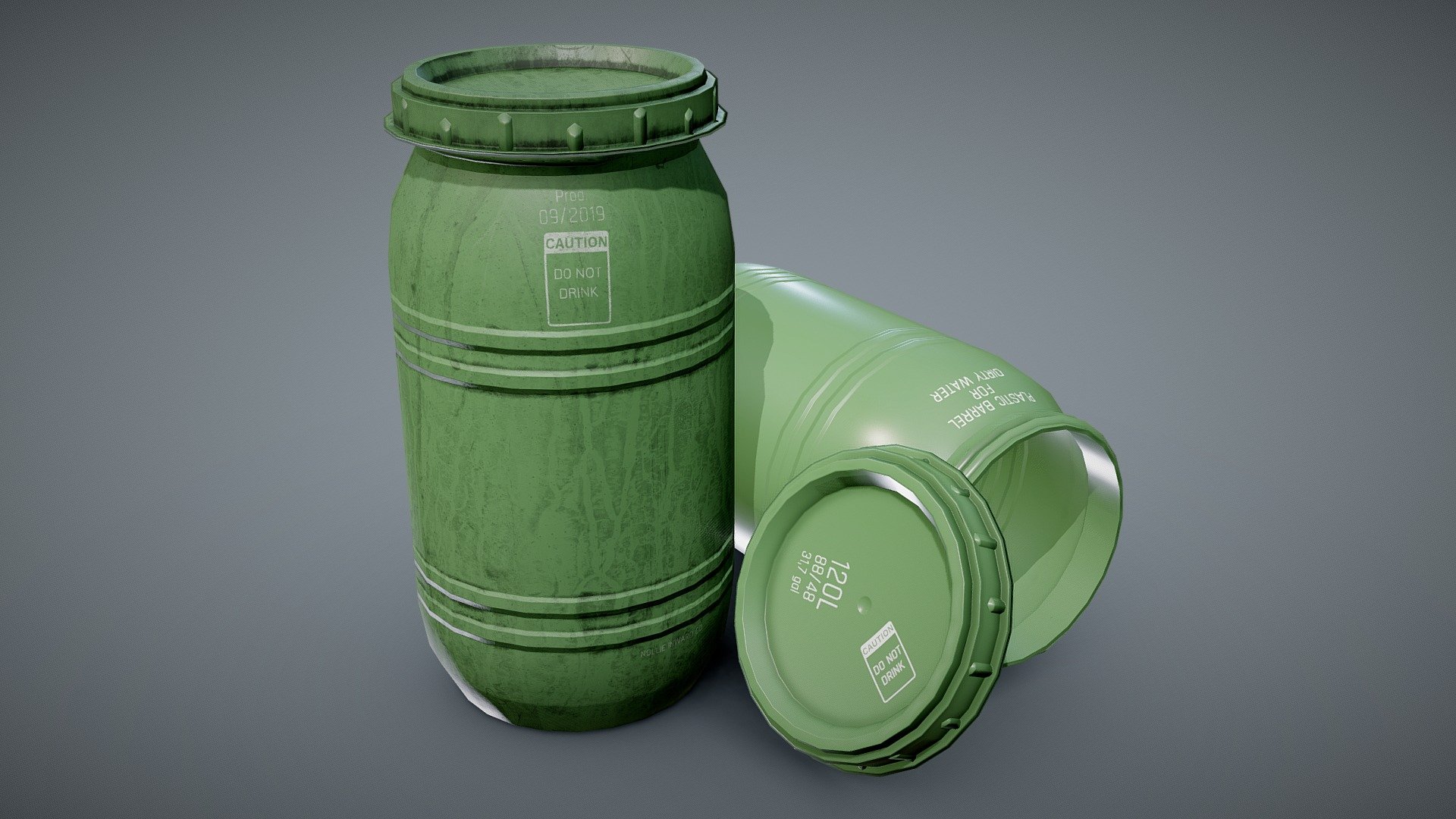 Game-ready green plastic barrel in two variants - clean and dirty

Addiditonal file containes LODs and custom collider in .fbx and .obj formats as well as 2k texture sets for Unity5, Unity HDRP, UnrealEngine4, PBR Metal Roughness - Game-ready Plastic Barrel- clean and dirty-green - Buy Royalty Free 3D model by NollieInward 3d model