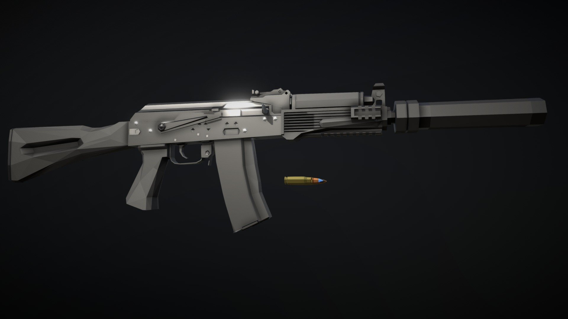 Low-Poly model of an AK-9, part of the 100-series of AK rifles, a carbine chambered in 9x39mm. Apologies for any inaccuracies in the model, I already went further than I would have wanted while trying to gather information about this.

also, I think I should explain the ammo types included in this:
there is one standard cardtridge (&ldquo;normal