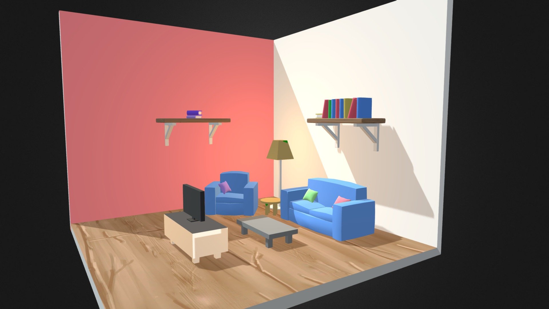 In need of a quick interior scene for you project ? I got you covered !
Here is a cosy living room interior scene !
Clean topology, quads only, unwrapped.
Only one 1024 * 1024 texture for all the flat colors in the scene (png)
One hand painted wood texture (png)
Includes : 
* FBX
* OBJ/MTL
* Native Blender format (version 2.91) - Cartoon Living room - Lowpoly Interior 2 - Buy Royalty Free 3D model by SophieJu 3d model