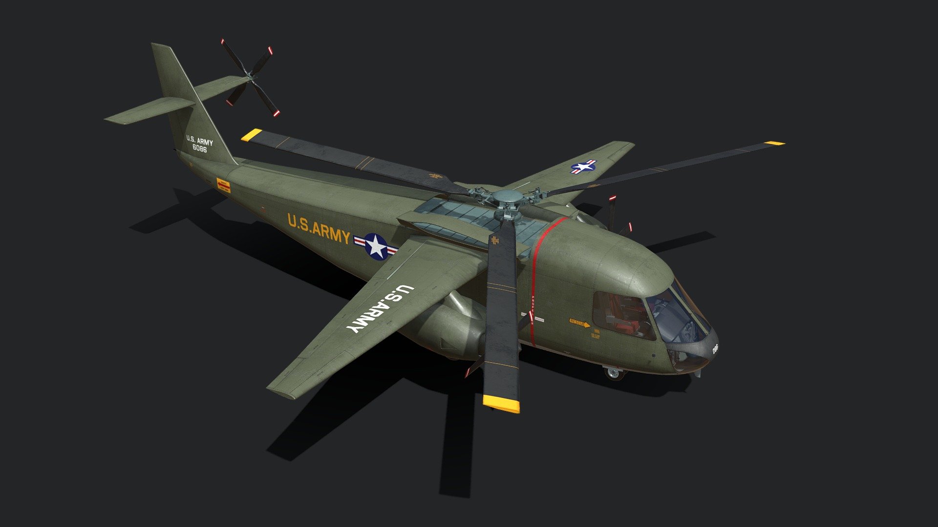 In the mid-60’s, VTOL in all its forms was all the rage. In 1965, Lockheed answered a US Army Request For Proposals with the CL-945 concept, a stowed-rotor helicopter design. At low speeds and hover, it would operate as a helicopter; at higher speeds, aircraft-style propulsion systems would power it forward; and at much higher speeds than helicopters normally attain, the rotors would stop rotating and would fold back and be stowed for minimum drag. It was a great idea that had the little problem of being horribly complex, heavy and expensive 3d model