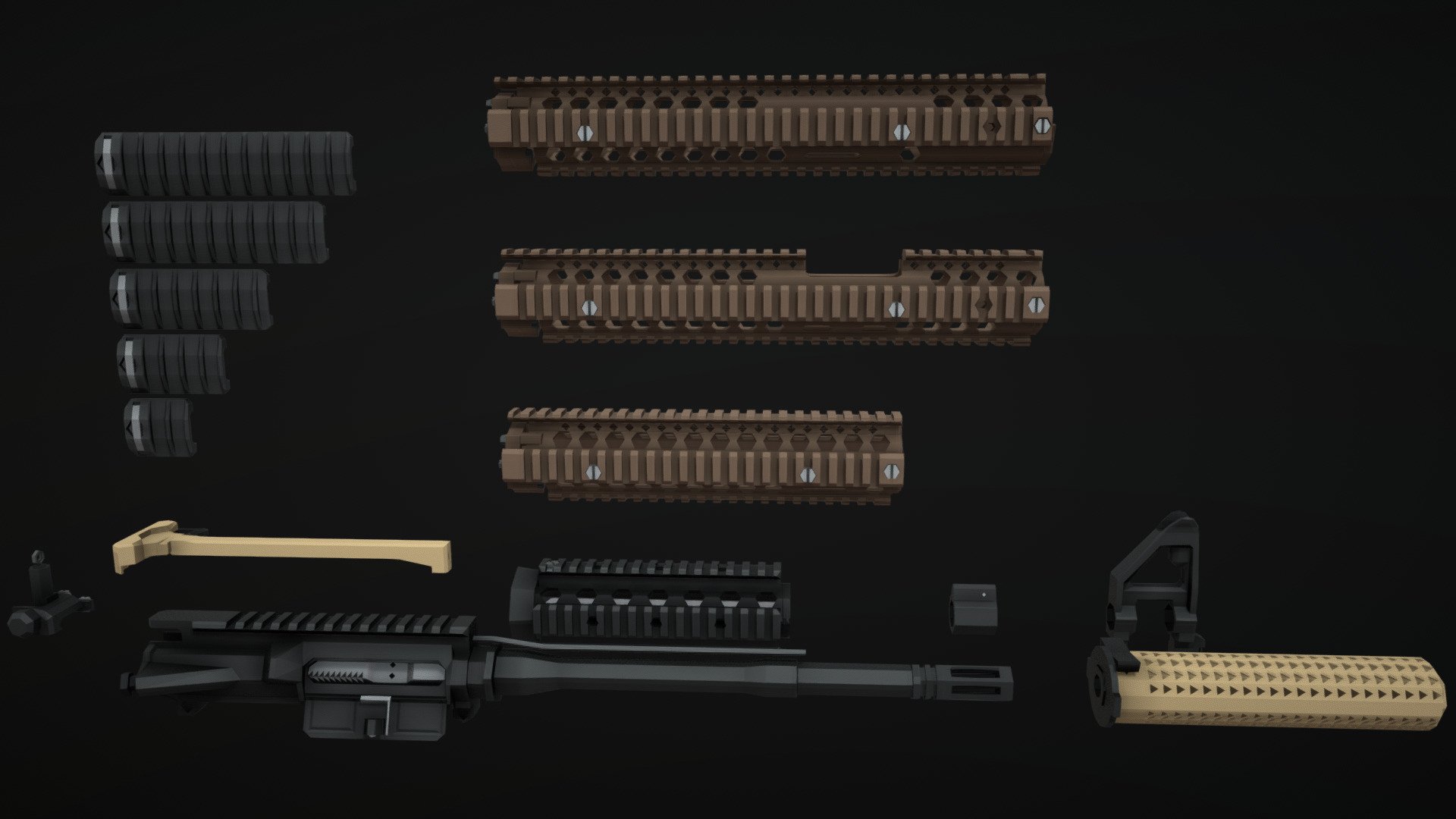 low-poly collection of components of the CQBR system, a series of shortened M4 upper receivers and attachments, including the KAC RIS, the Daniel Defense Mk18 RIS II, M4A1 RIS II,M4A1 RIS II FSP, the KAC Quick Detachable Sound Suppressor (QDSS) along with a mount, the KAC Backup-Ironsight, rail covers, a gas block, and the PRI M84 gas-reduction charging handle 3d model